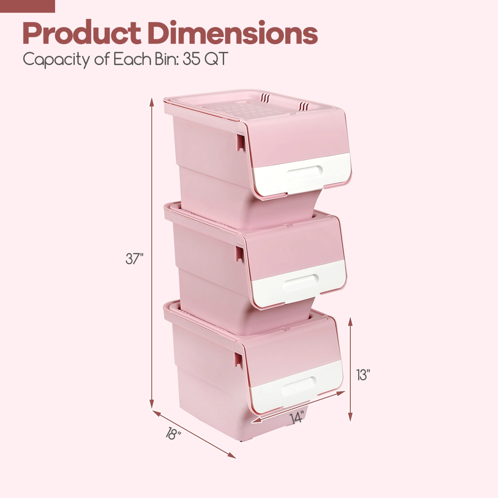 SUGIFT Stackable Plastic Storage Bins on Wheels with Stay-Open Lid 20-lb Lid 22-lb Inner Capacity White + Pink