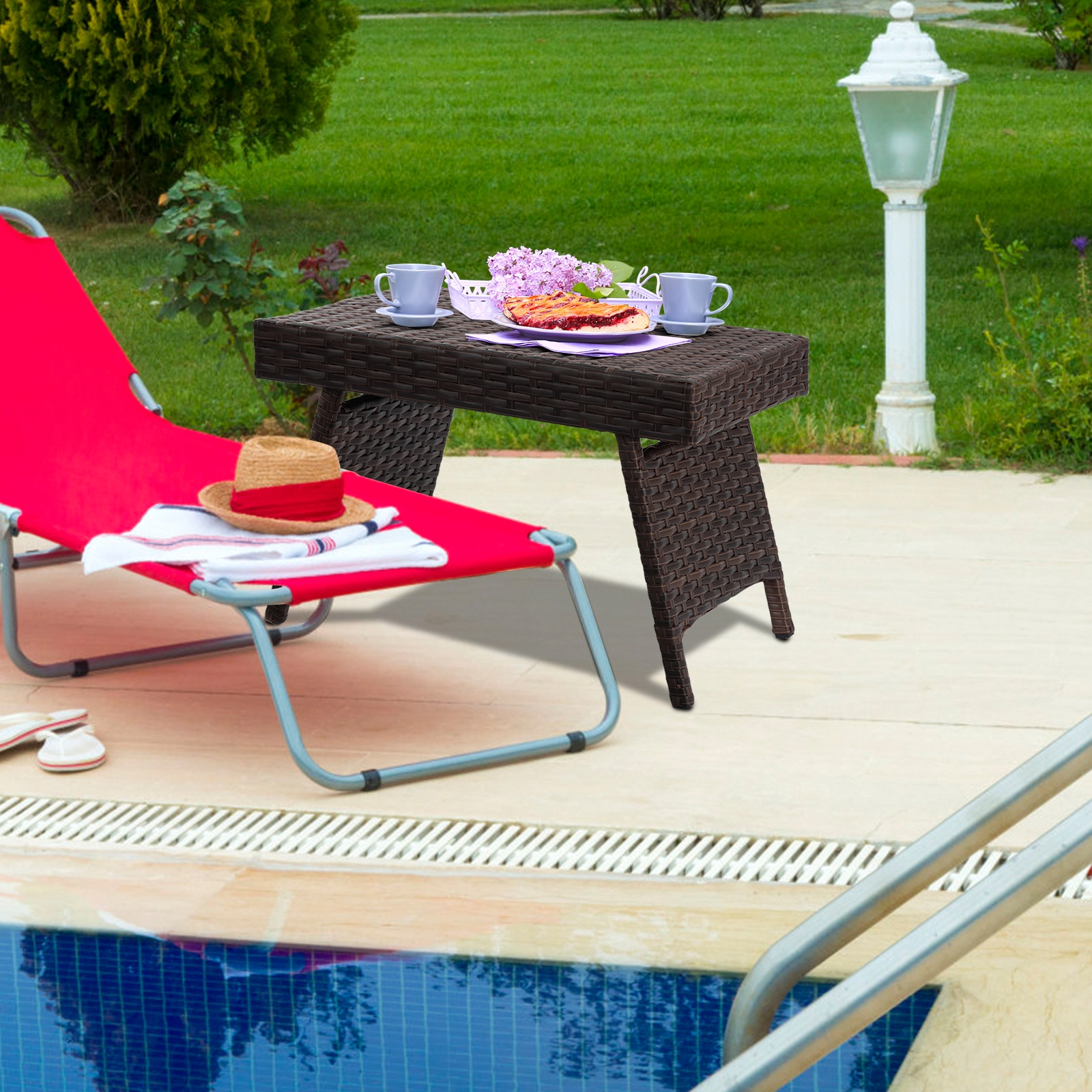 SUGIFT Folding Patio Side Coffee Table Brown Gradient Rattan-Style