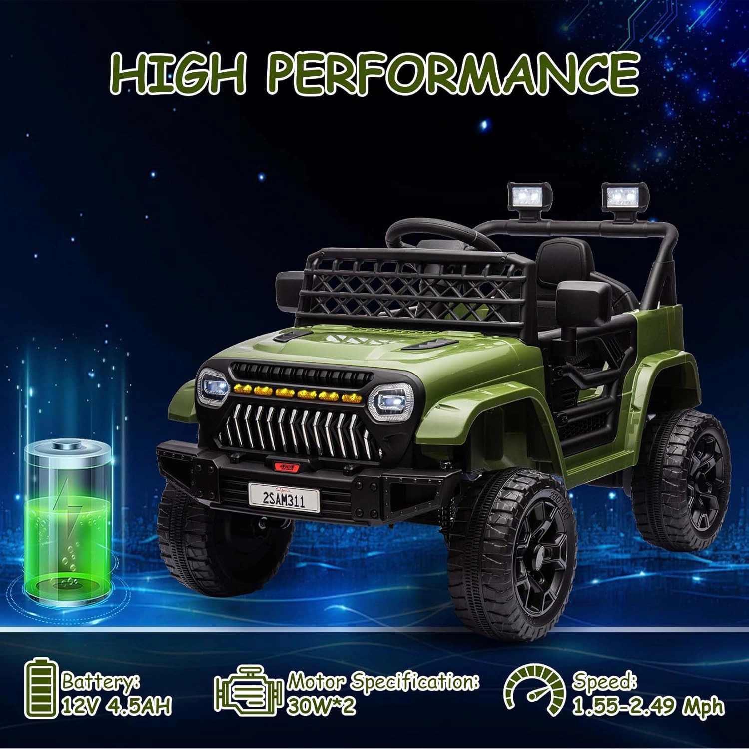 Enjyam 12V Kids Electric Ride-On Truck with Remote, Spring Suspension, LED Lights, Music, Dual 30W Motors