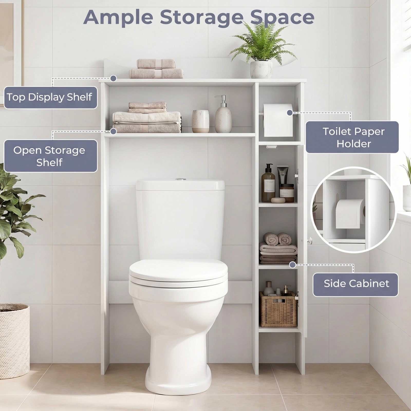 SUGIFT White 30-in Wide Wood Over the Toilet Bathroom Space Saver with Paper Holder and Side Cabinet