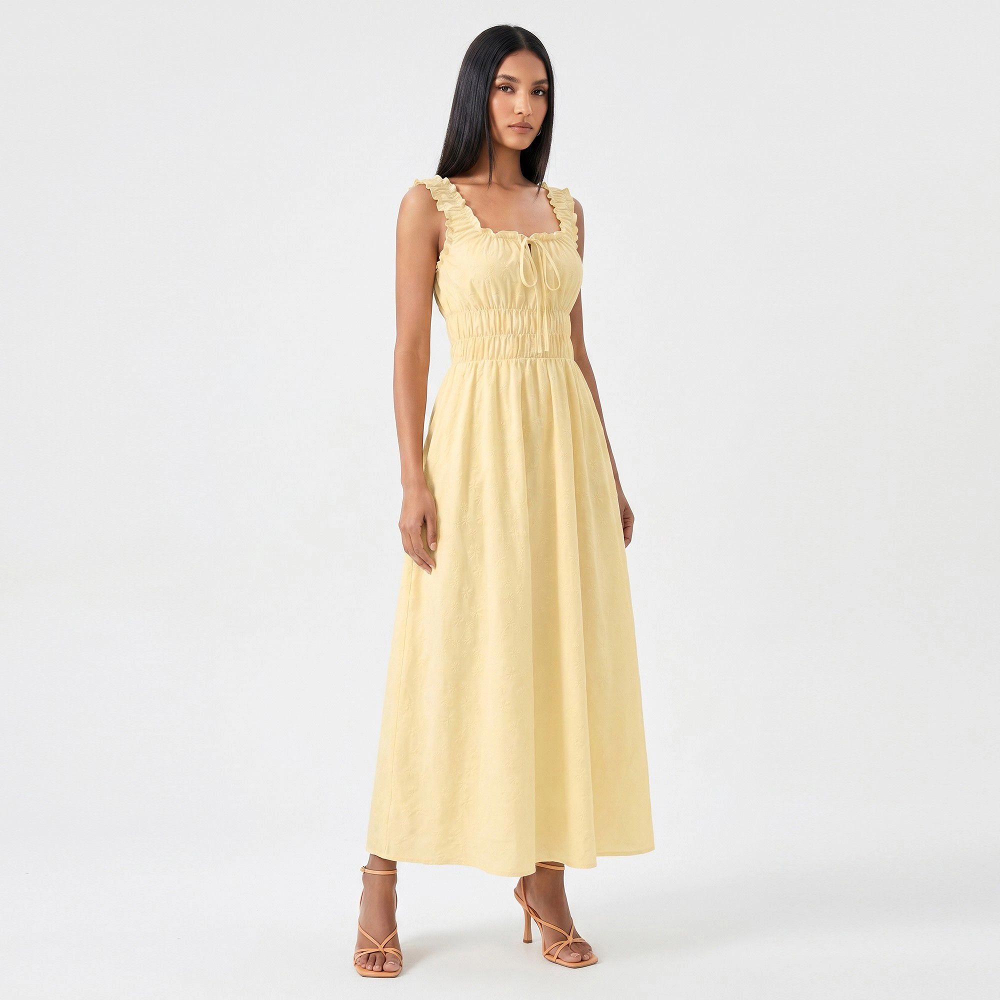 Anna-Kaci Women's Smocked Ruffle Straps Tie Front Neckline Maxi Dress