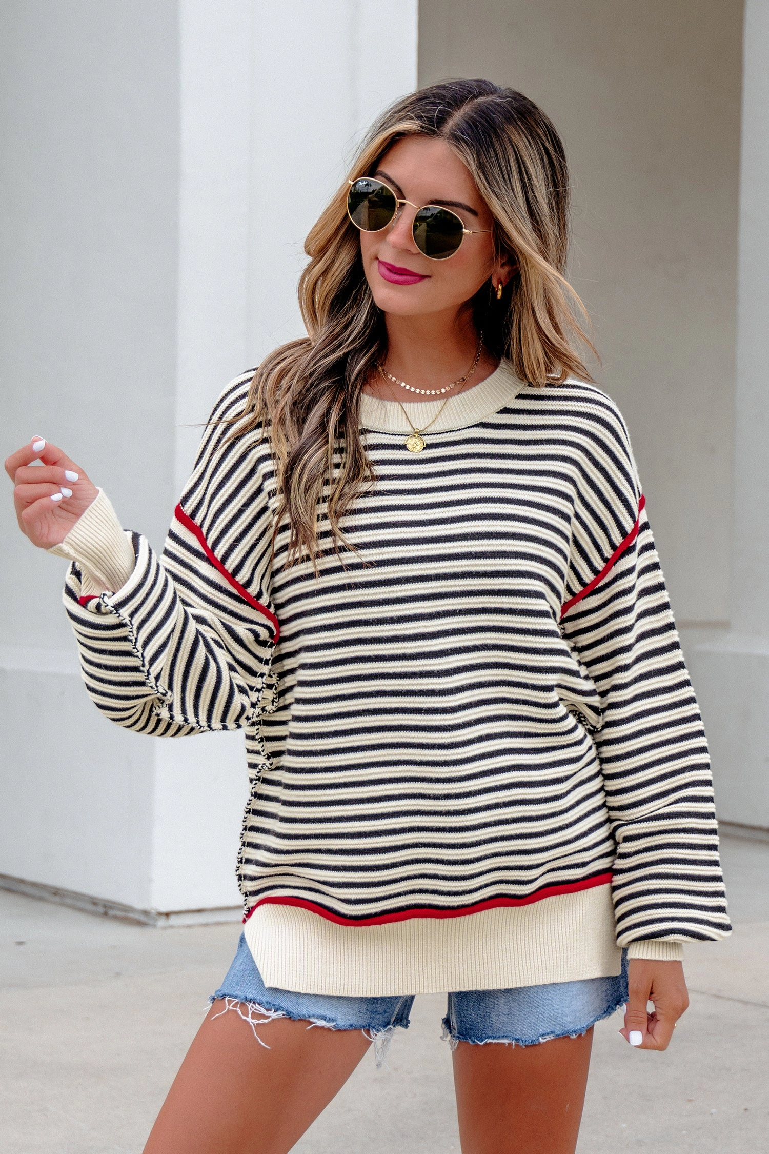 19092 Threaded Pear Hazel Drop Shoulder Oversized Sweater - Black Stripe