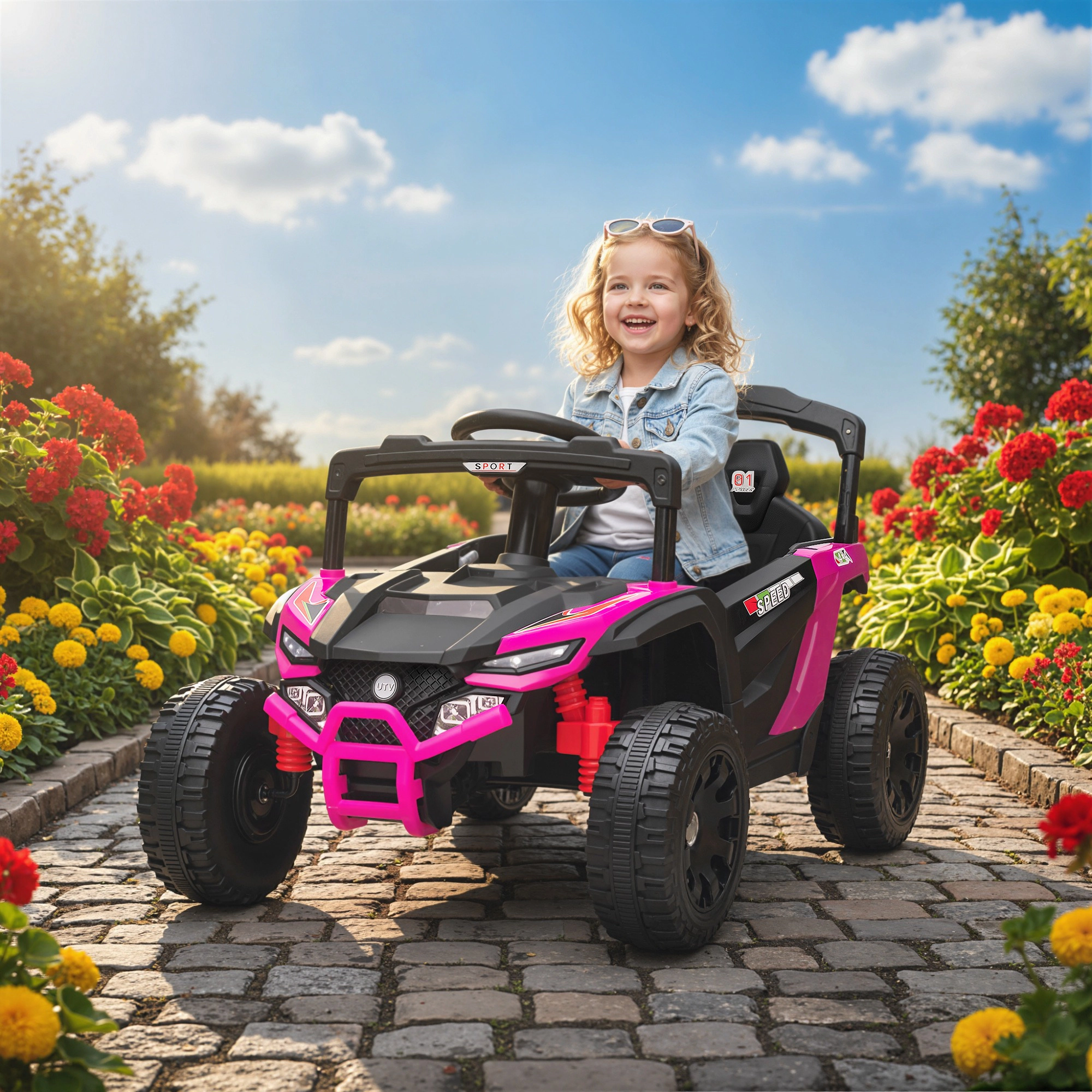 HONGGE 12V Battery-Powered Kids Ride-On Truck with Remote Control and Rear Suspension, Pink