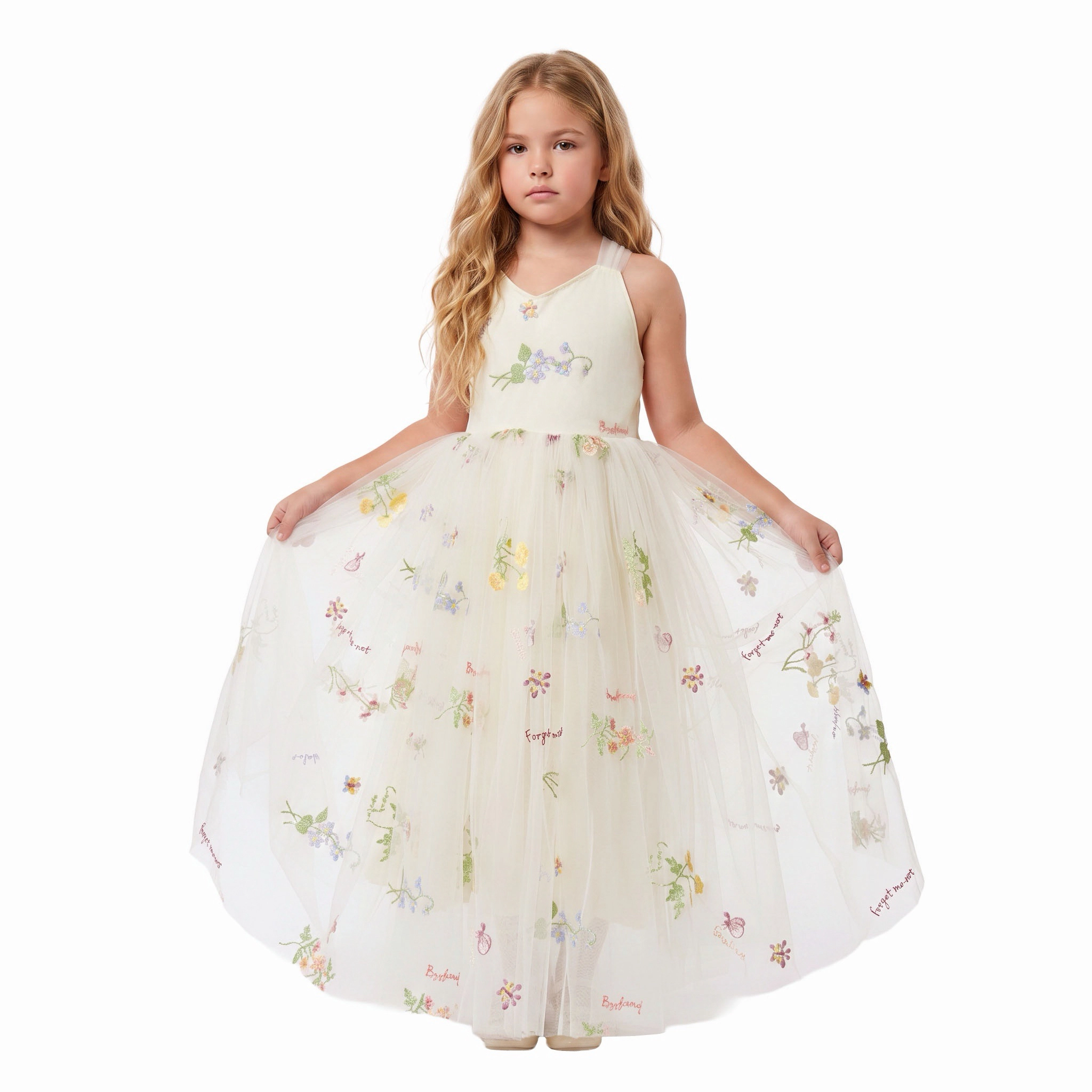 2Bunnies Girls' 2T-12Y Floral Garden Embroidered Tulle Maxi Dress with Cross-Back Tie Bow