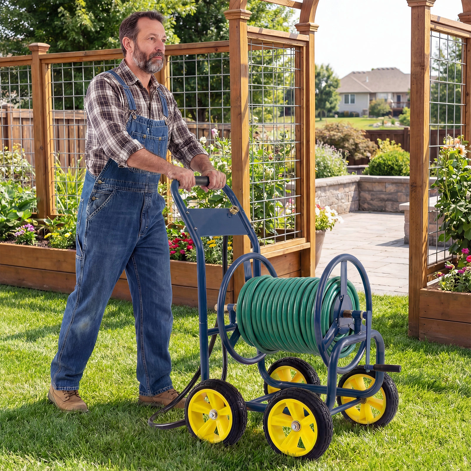 SUGIFT Navy Garden Hose Reel Cart with 4 Wheels Brass Fittings and Metal Frame for 330-ft of 5/8-in Hose