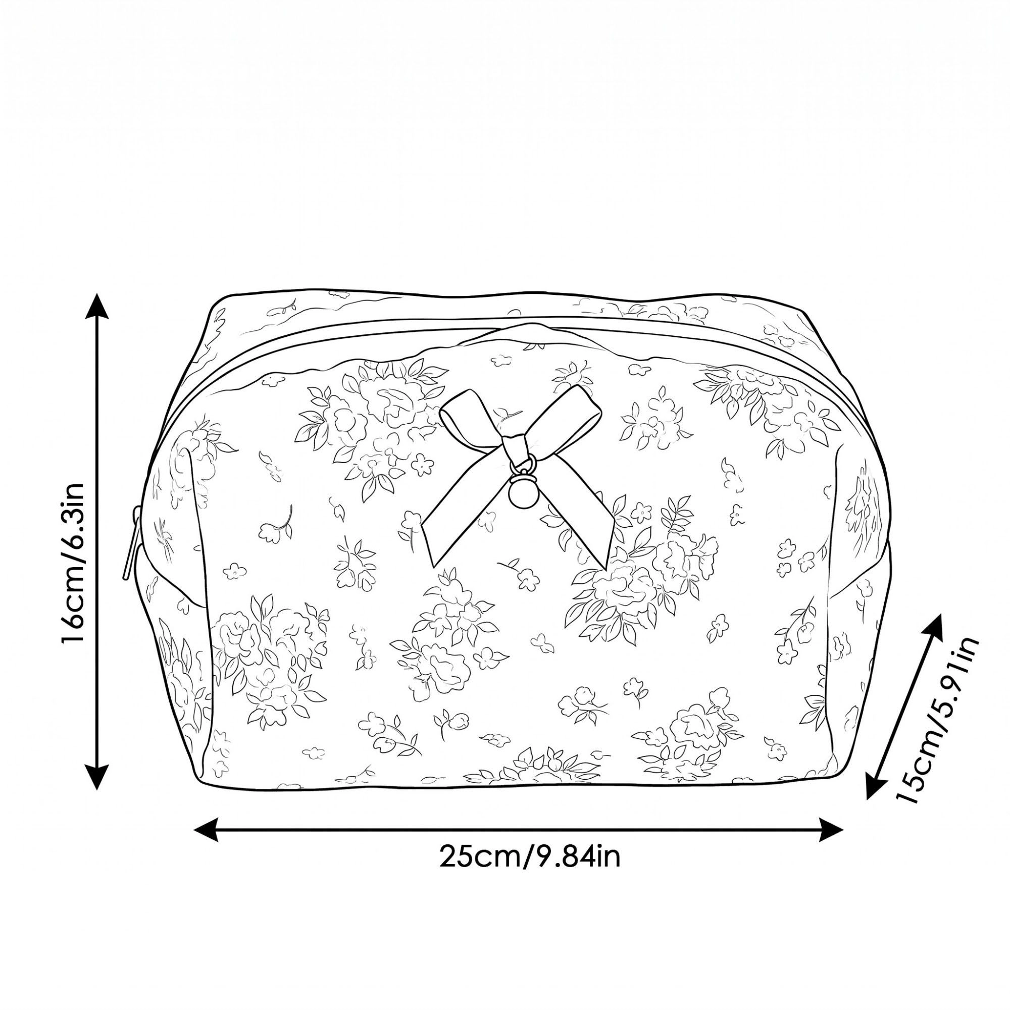 Alilang Unisex Floral Makeup Bag with Bow Pearl Charm and Zipper Closure