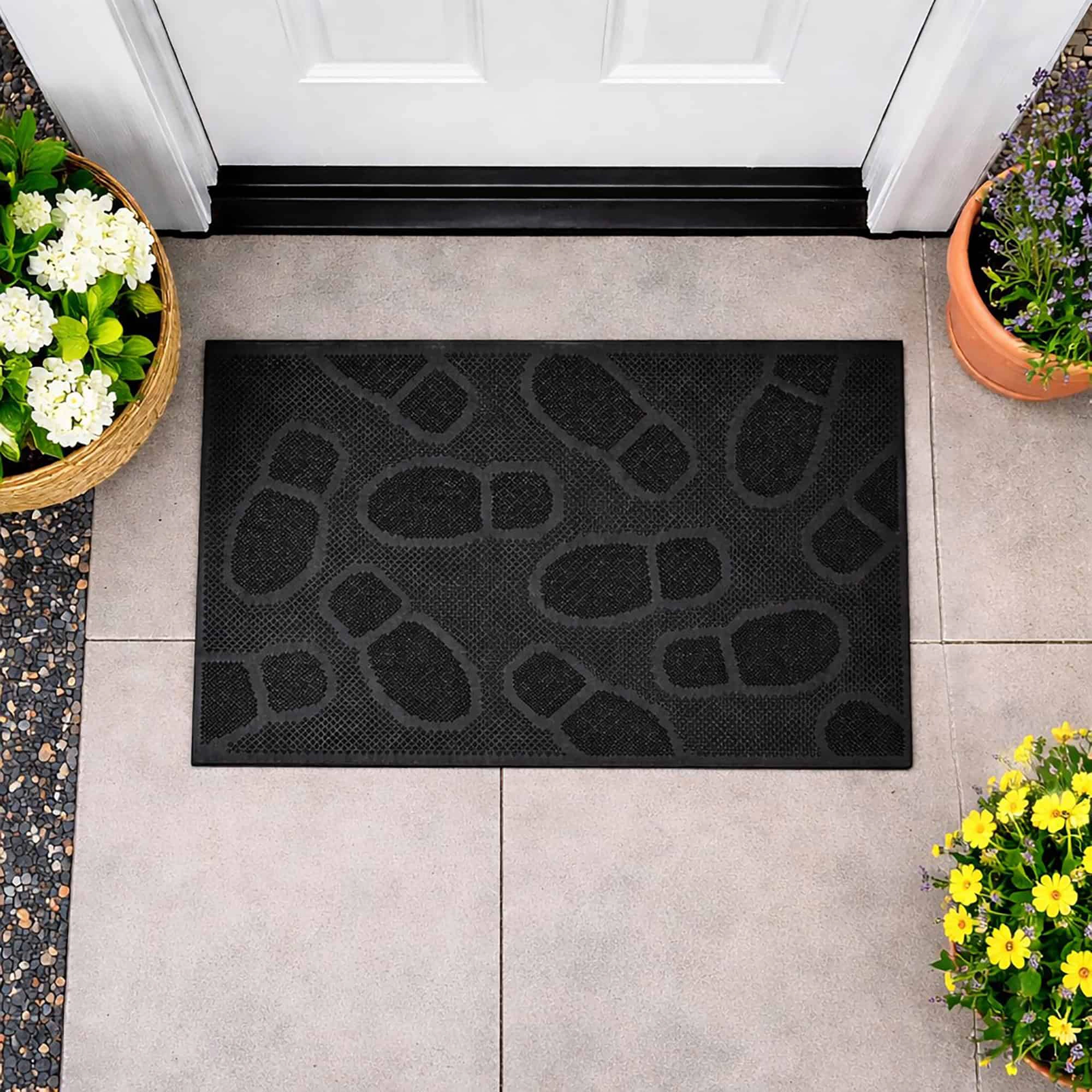 Evideco French Home Goods Black Shoe Print Rubber Doormat 30 x 18 Inches