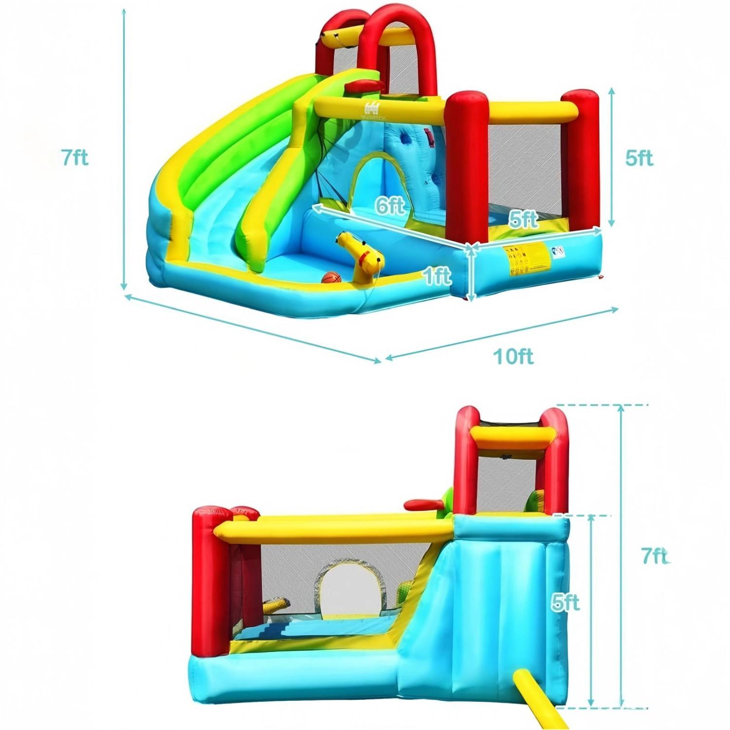 LJG Kids 6-in-1 Inflatable Bounce House with Climbing Wall and Basketball Hoop with Blower