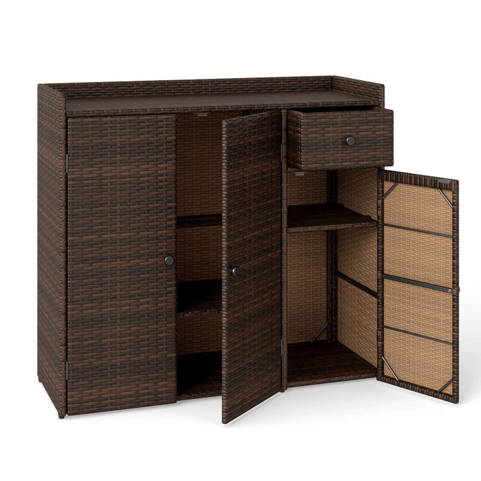 SUGIFT 3-Door Outdoor PE Wicker Storage Cabinet 110-lb Countertop 65-lb Shelf Capacity 39 x 15 x 37-in Mix Brown