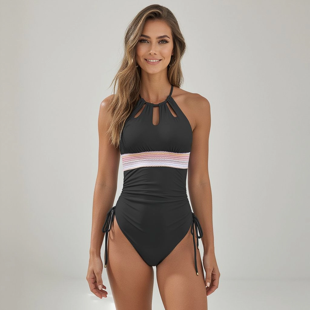 Anna-Kaci Women High Neck One-Piece Swimsuit - Keyhole Front, Smocked Waist, Ruched Side Drawstrings