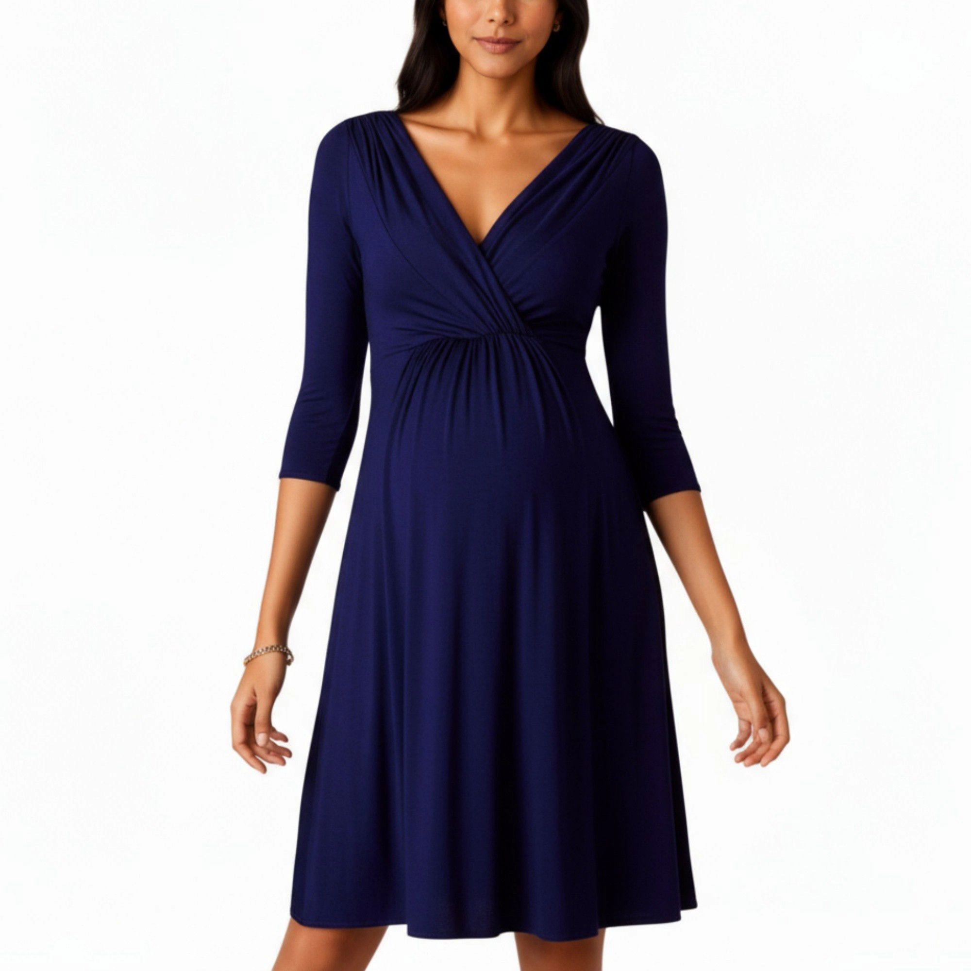 Anna-Kaci Women's 3/4 Sleeve V Neck Empire Waist A Line Silhouette Maternity Dress