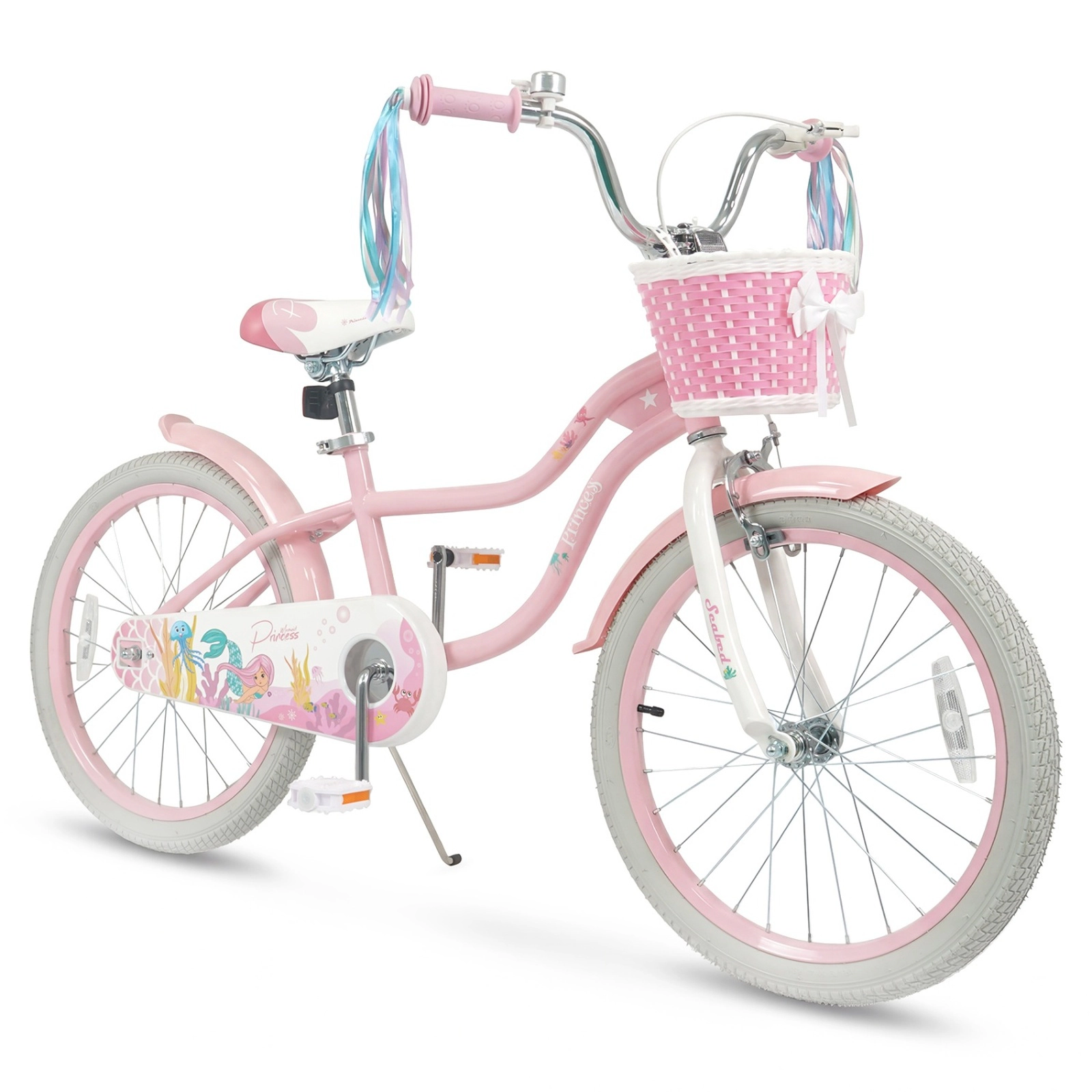 SUGIFT Adjustable 20-In Kids Bicycle with Basket and Streamers 200-lb Capacity Ages 8+ Pink Princess of the Sea Theme