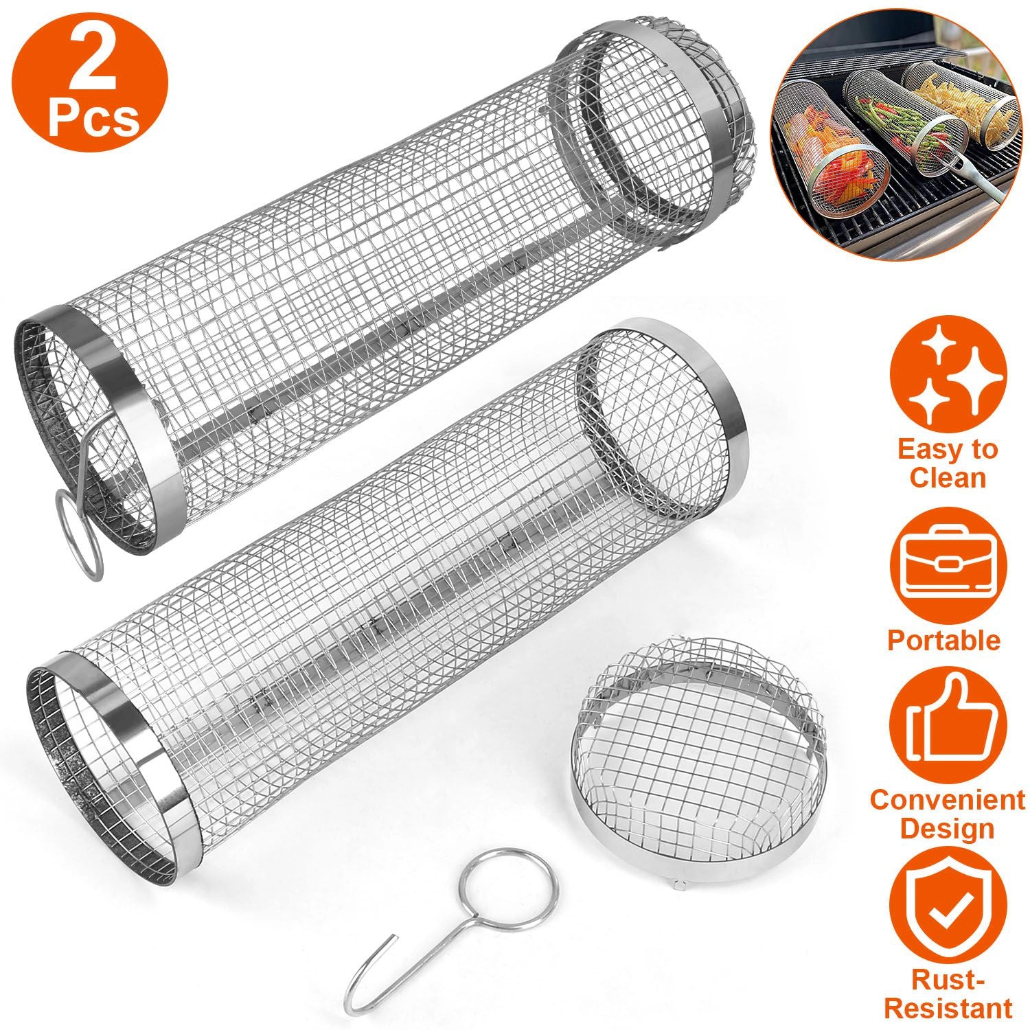 GBruno 2-Pc Stainless Steel BBQ Rolling Basket