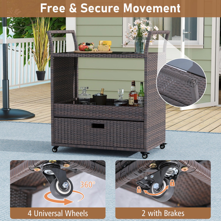 Hivvago Outdoor Wicker Bar Cart Table with Tempered Glass Top
