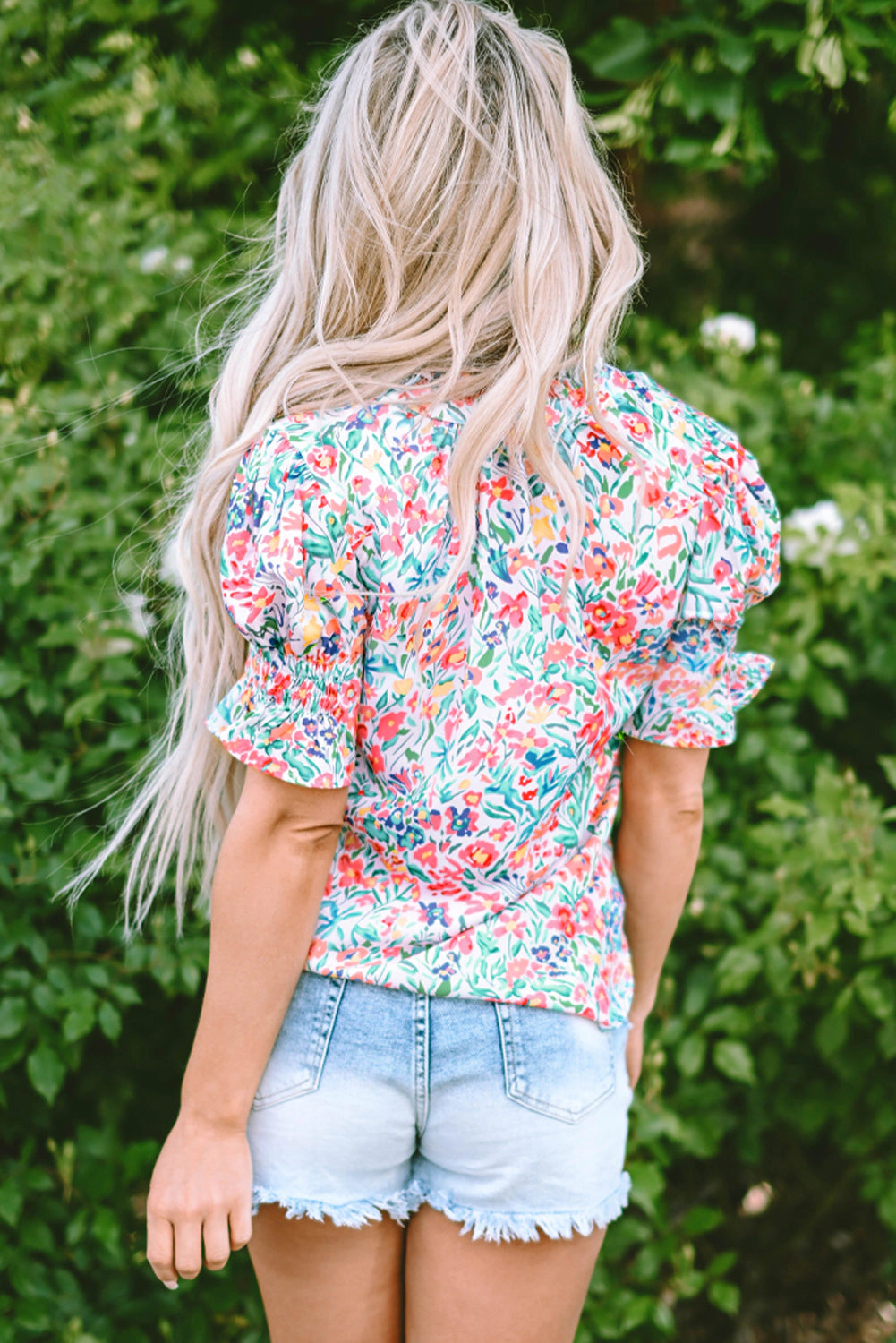 Threaded Pear Women's Azaria Floral Print Button Split Neck Puff Sleeve Blouse