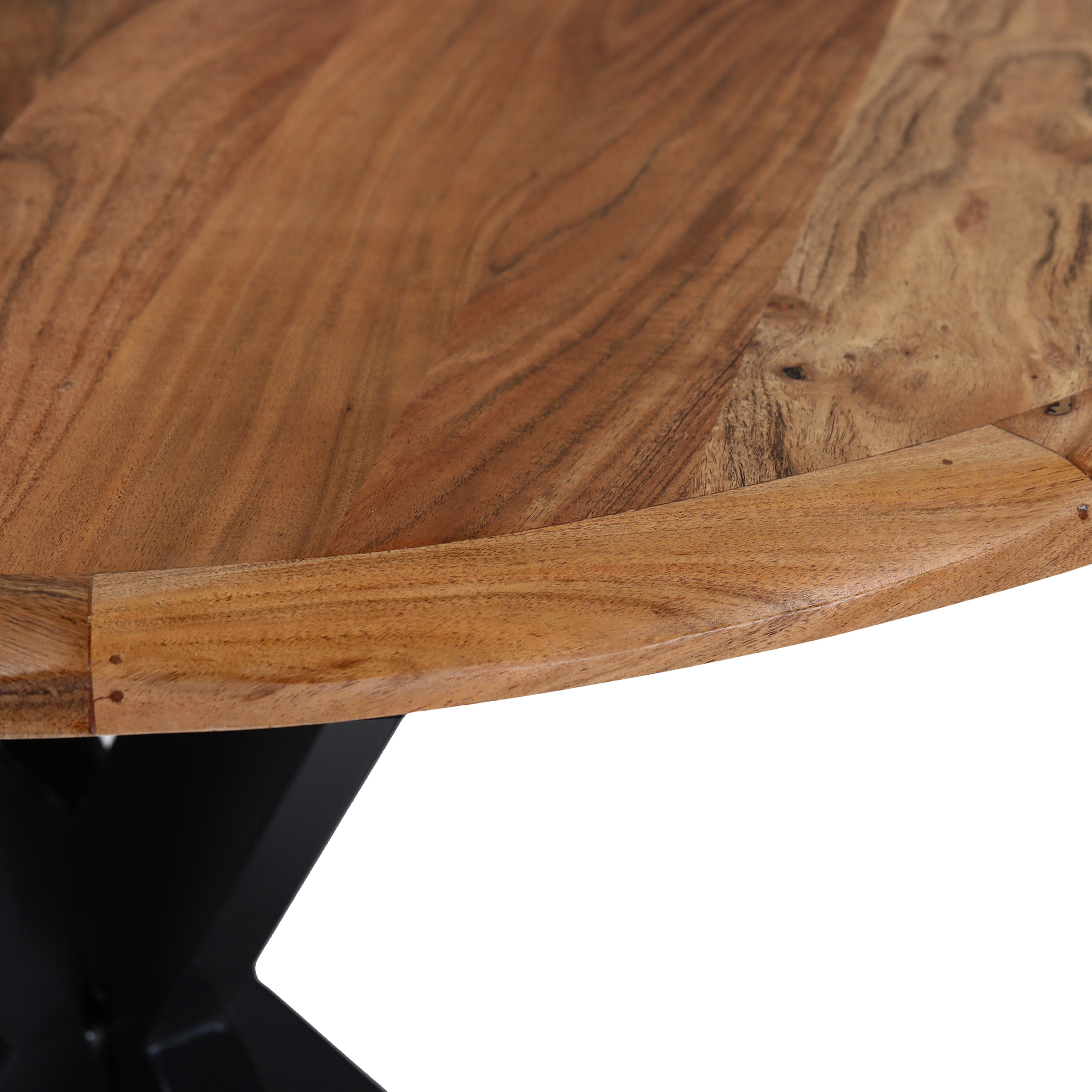 The Urban Port 41 Inch Handcrafted Live Edge Round Dining Table with a Natural Brown Acacia Wood Top and Black Iron Legs