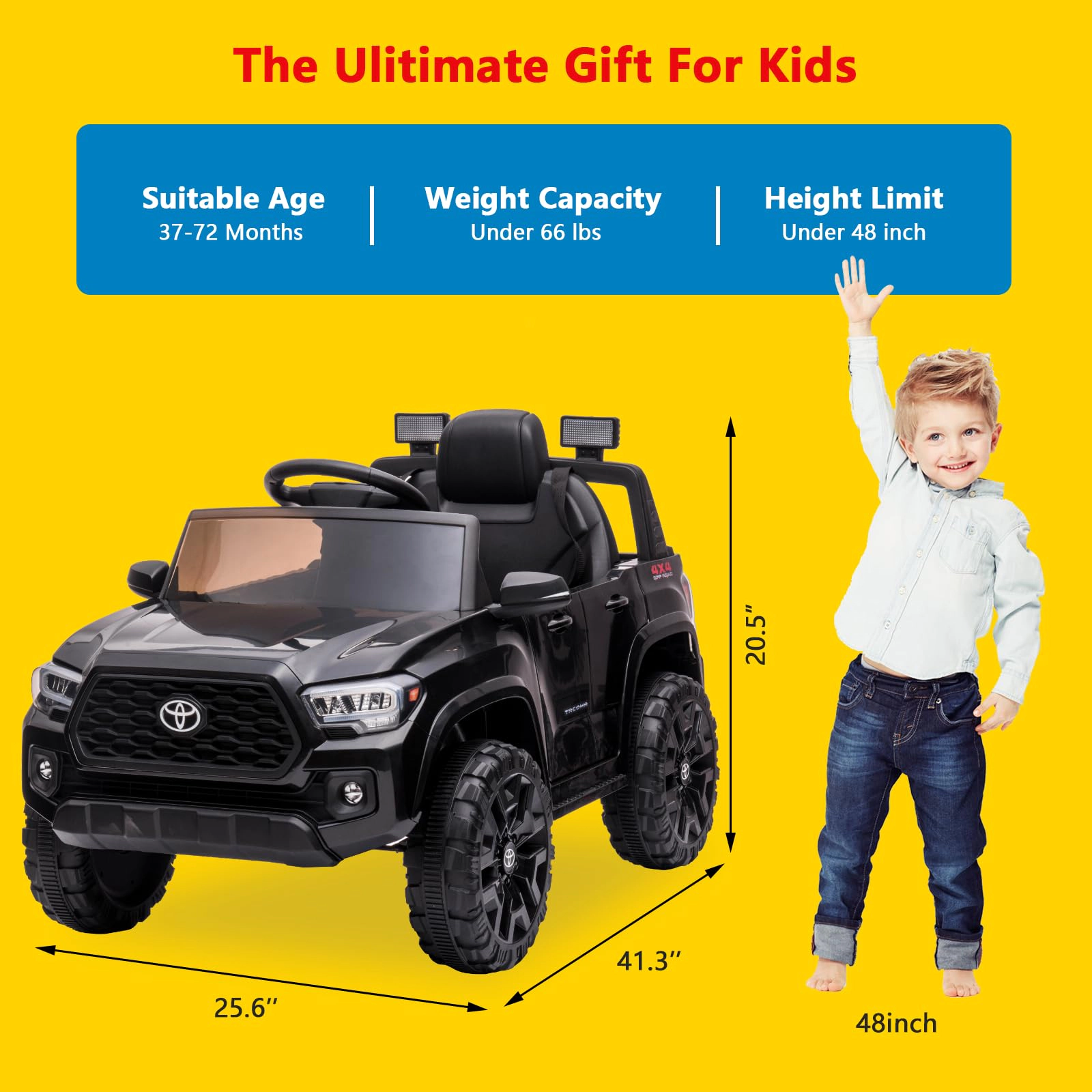 Enjyam 12V Licensed Toyota Tacoma Kids Ride On Truck, Electric Car w/Remote, 2 Speeds, Seat Belt & Headlights