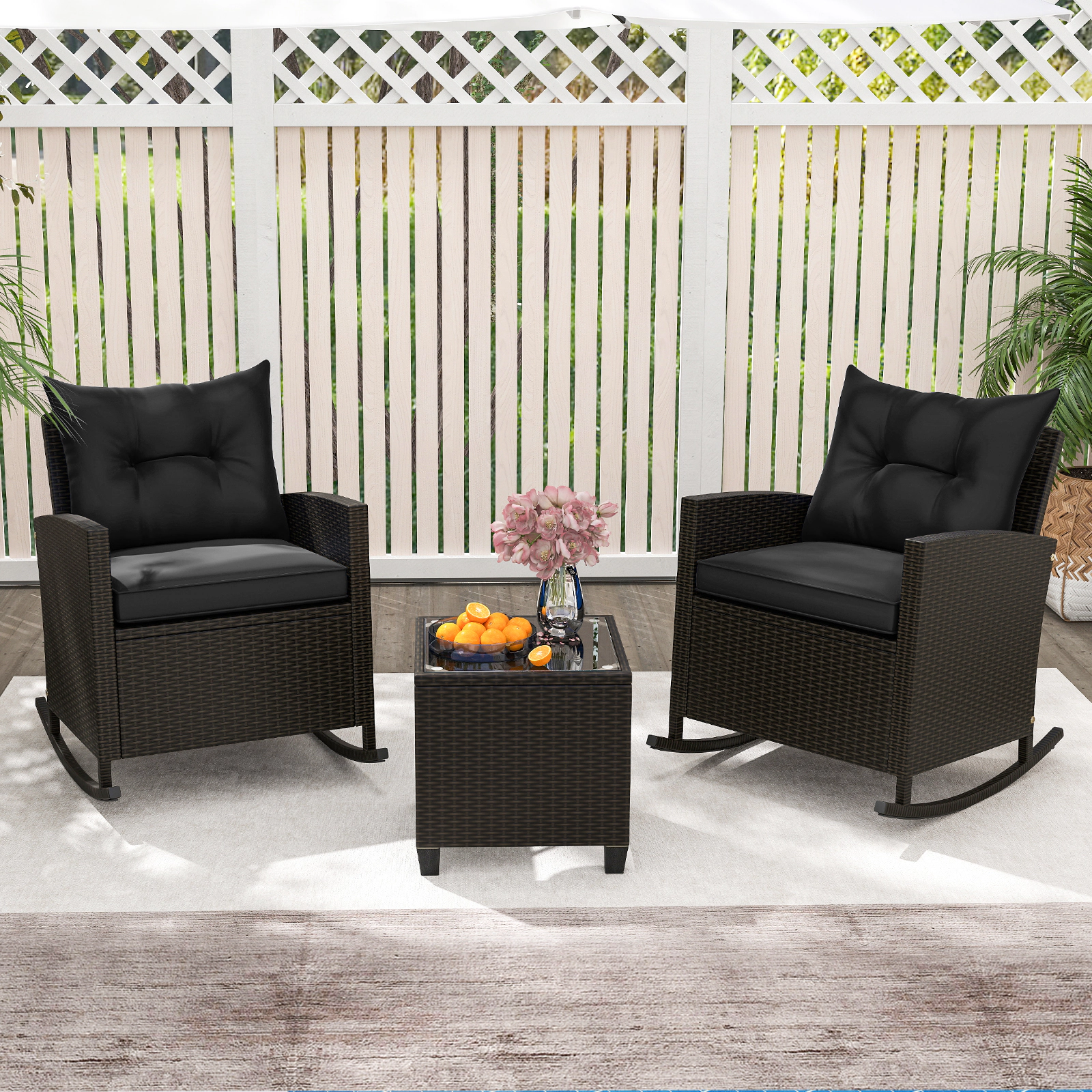 SUGIFT Rocking Conversation Set with Tempered Glass Coffee Table 400-lb Chair Capacity Black Rattan with Soft Cushions