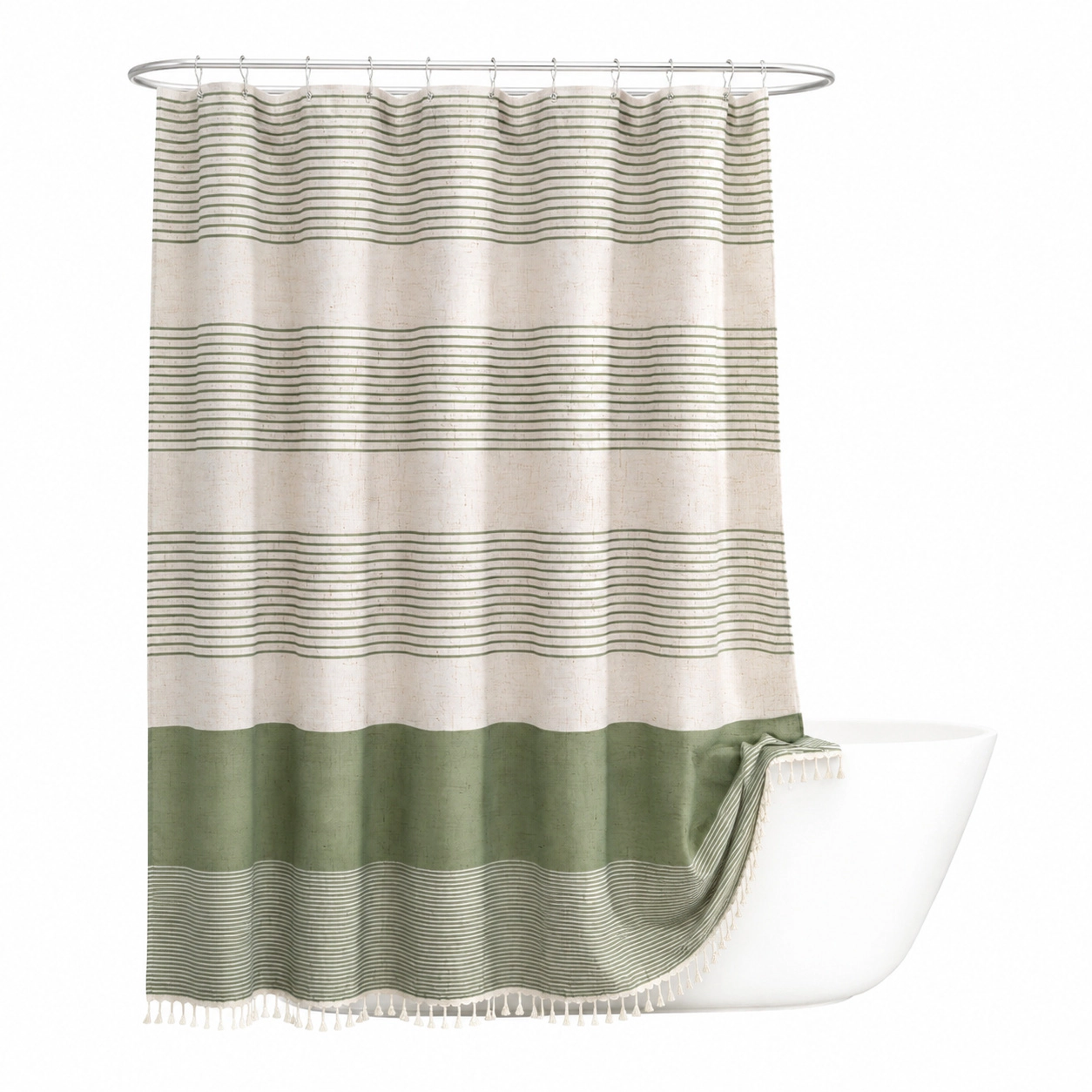 WZK Boho Farmhouse Striped Linen with Tassel Accent Rust Resistant Grommets Easy Care Bathroom Shower Curtain