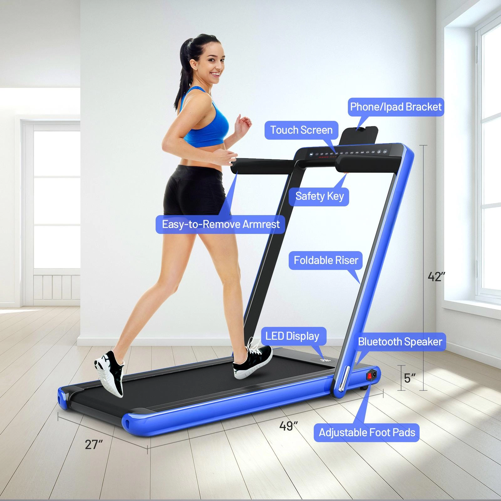 SUGIFT 2-in-1 Electric Motorized Folding ABS Treadmill with Dual Display 265-lb Capacity Health and Fitness Blue
