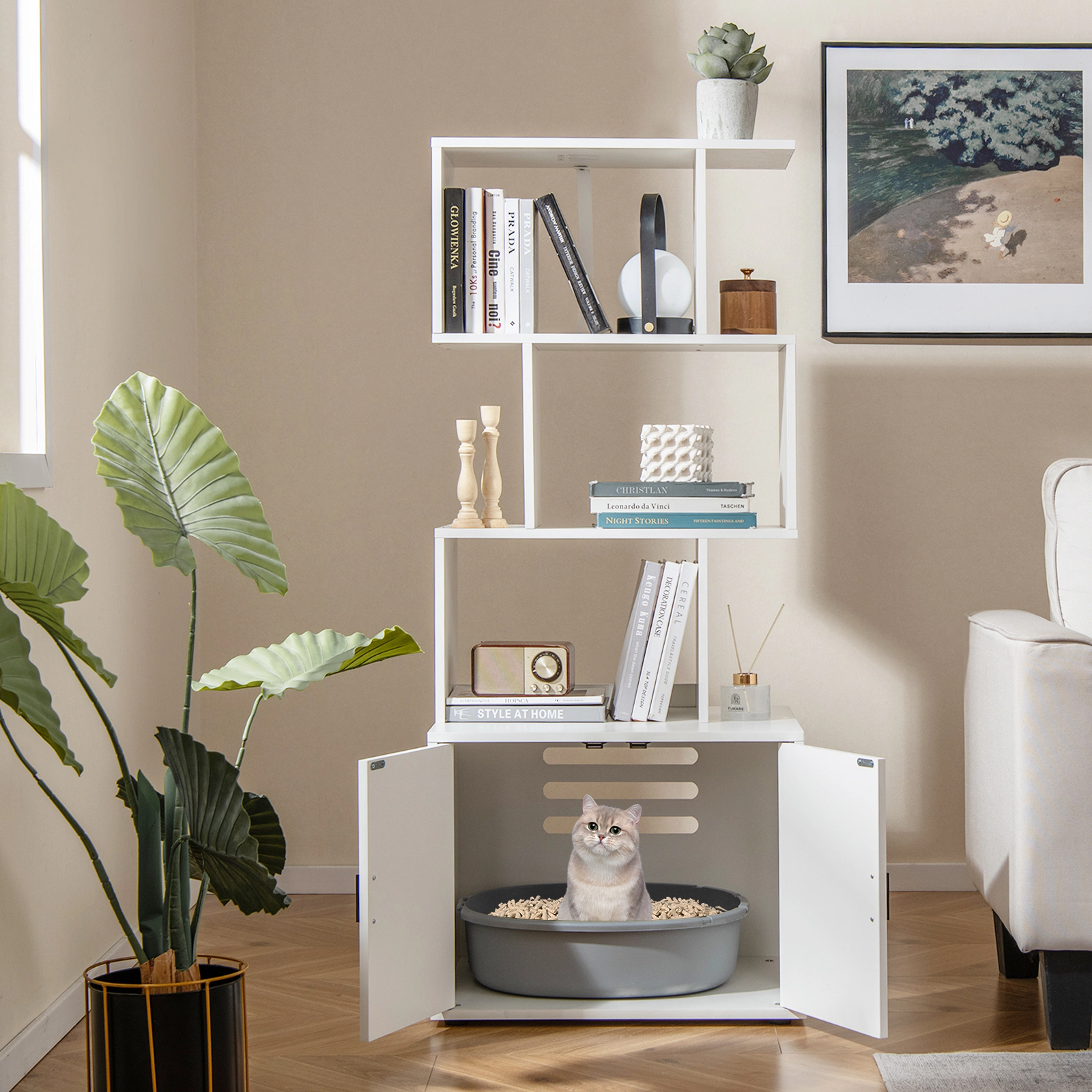 SUGIFT 56-in Tall Hidden Cat Litter Box Enclosure with Storage Shelves Rustic Brown and White