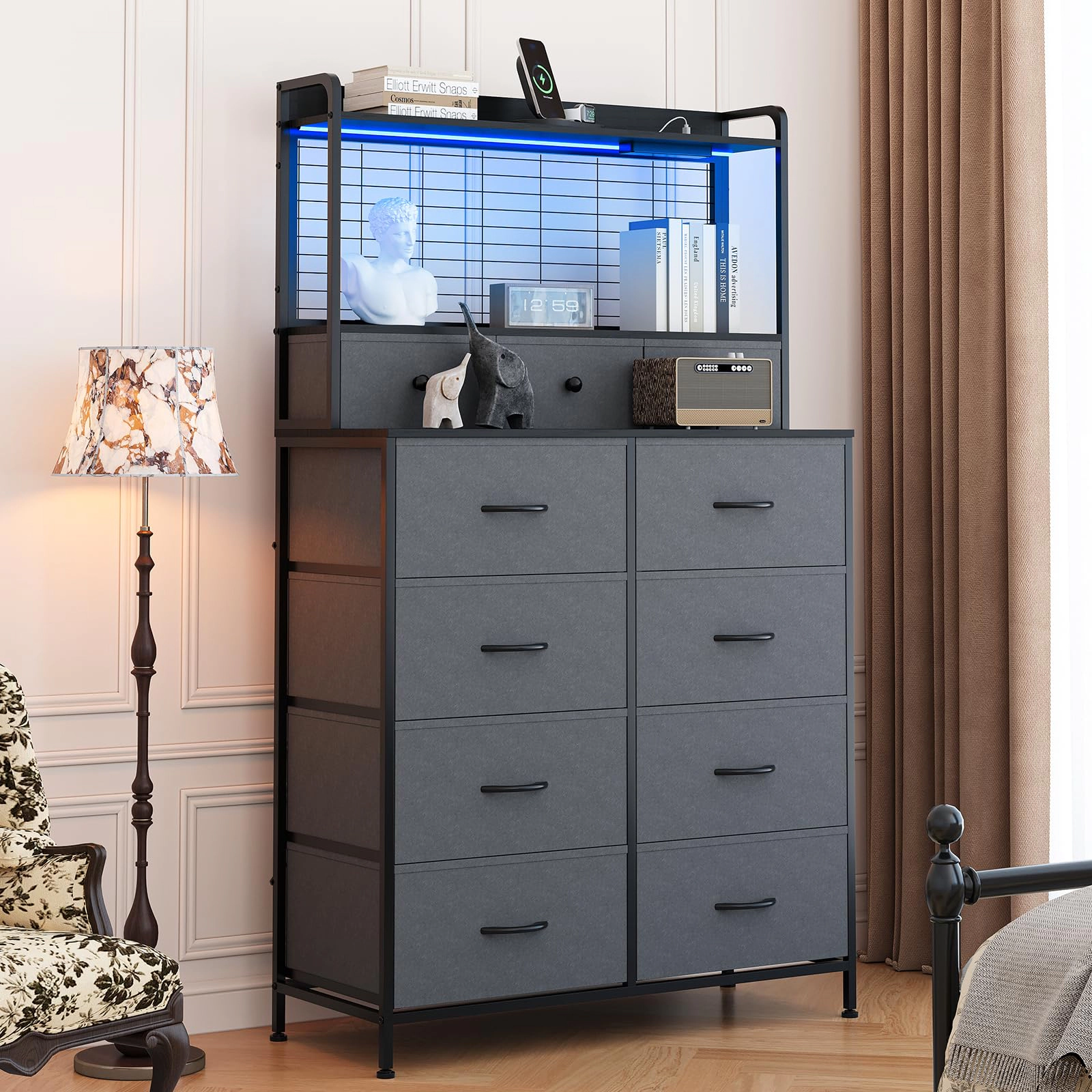 11 Drawer Fabric Dresser with Wireless Charging, App-Controlled RGB LED Lights & Open Shelf