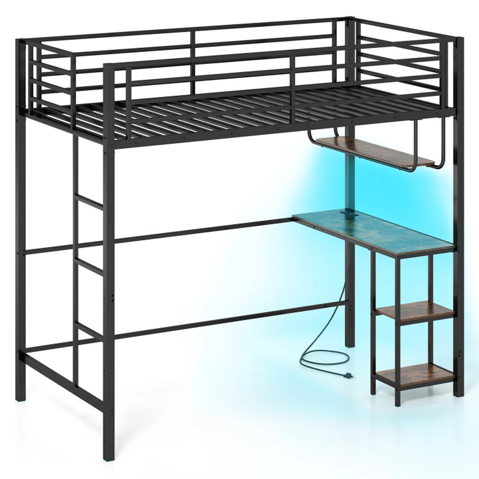 SUGIFT Black Desk LED Lights Charging Station and Metal Frame Twin Teens Loft Bed