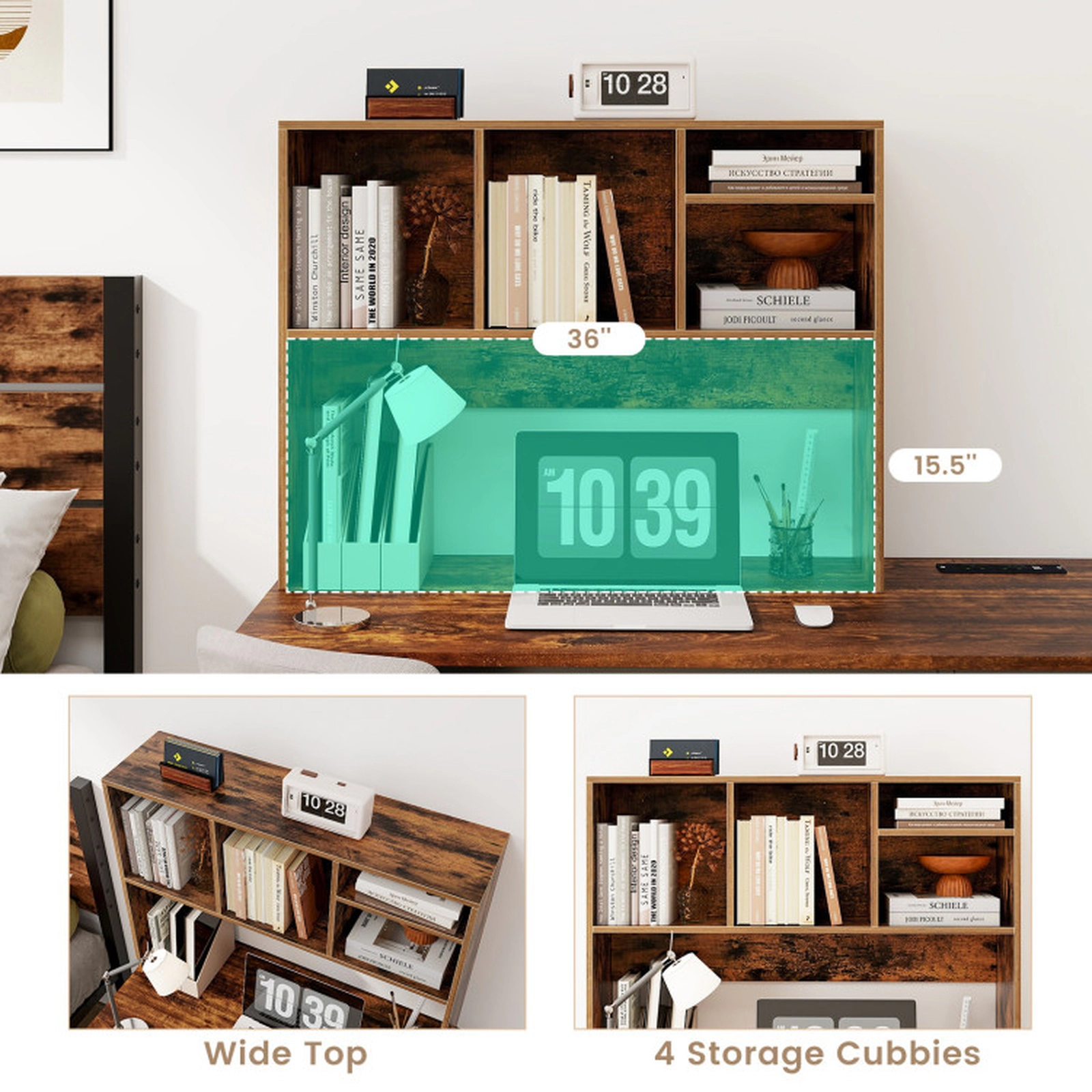 SUGIFT Desktop Bookcase with 4 Cubbies and Open Back Compartment 145-lb Capacity 37-in Frame 29-in Tall Coffee