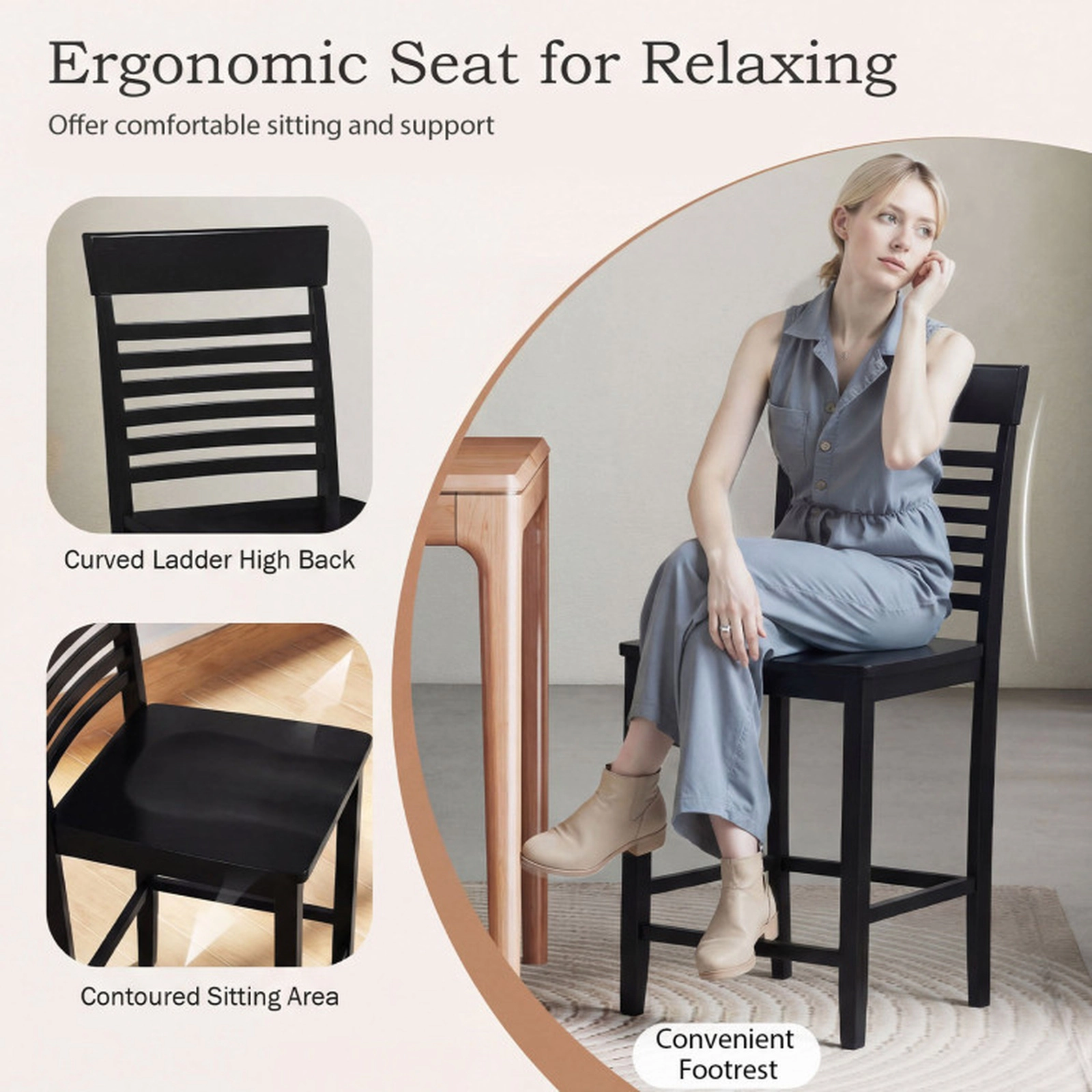 SUGIFT Counter-Height Dining Chair Set of 2 with Footrests and Solid Wood Frame 310-lb Capacity Gray/Black