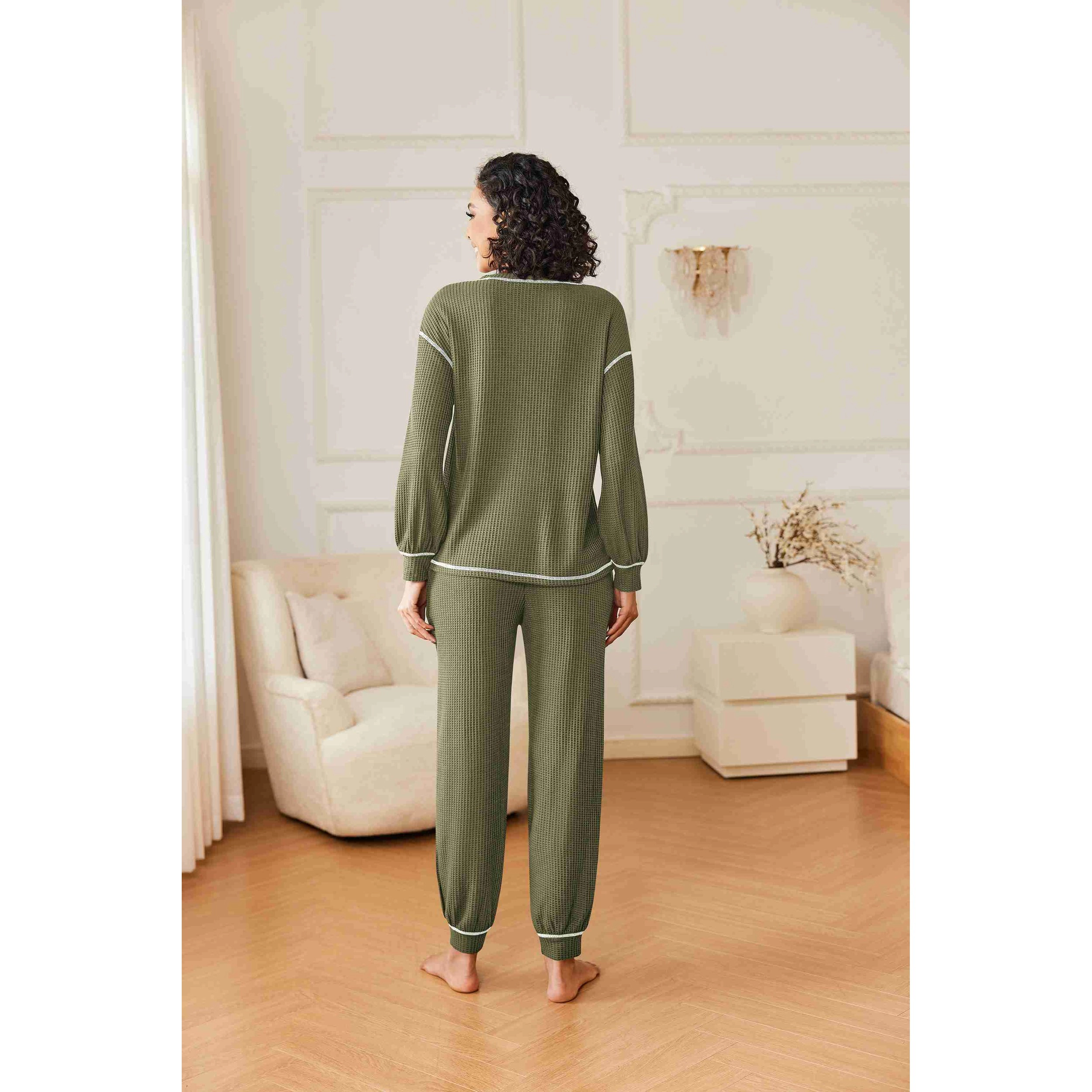 Ekouaer Womens Pajamas Set Waffle Knit Long Sleeve Lounge Two Piece Pajama Loungewear Sleepwear