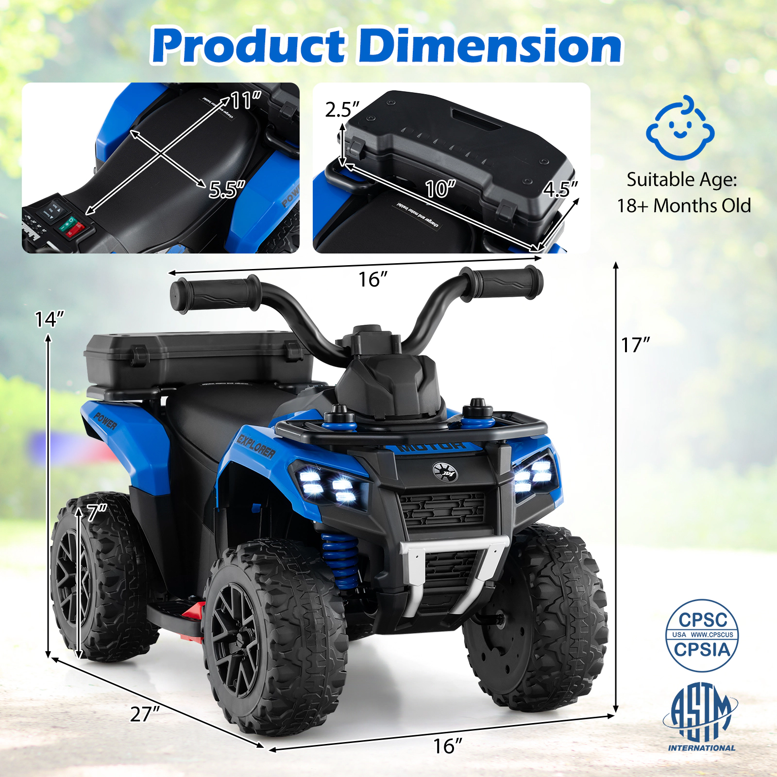 SUGIFT 6V Kids Ride On ATV with Spray Function and Storage Box 44-lb Capacity Ages 18 Months and Up 27-in Body Blue