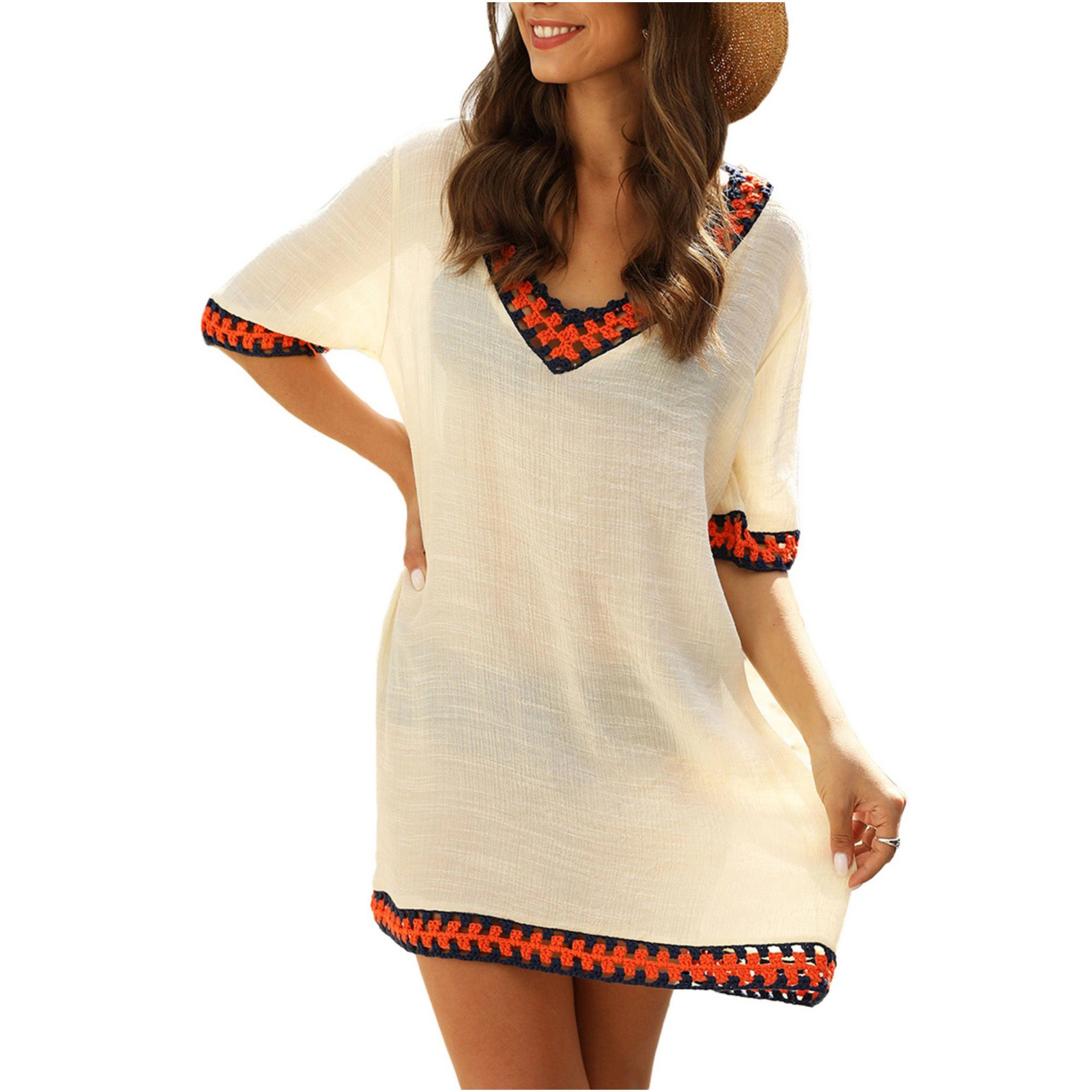 Anna-Kaci Women's Woven Crochet Trim Off-Shoulder Beach Cover-Up Dress