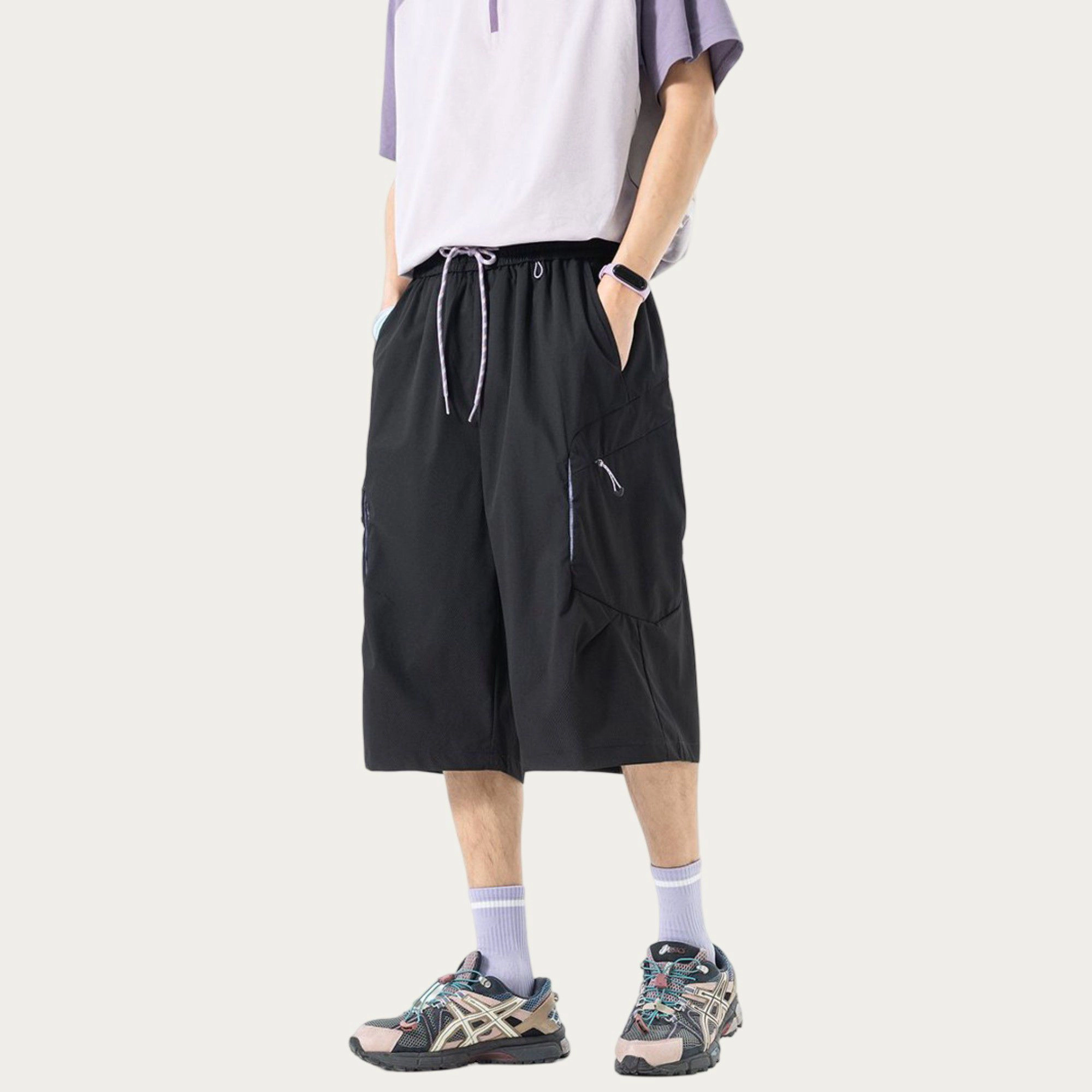 Anna-Kaci Men's Longline Athletic Shorts with Elastic Drawstring Waist Multi Zipper Pocket Design and Relaxed Fit Style