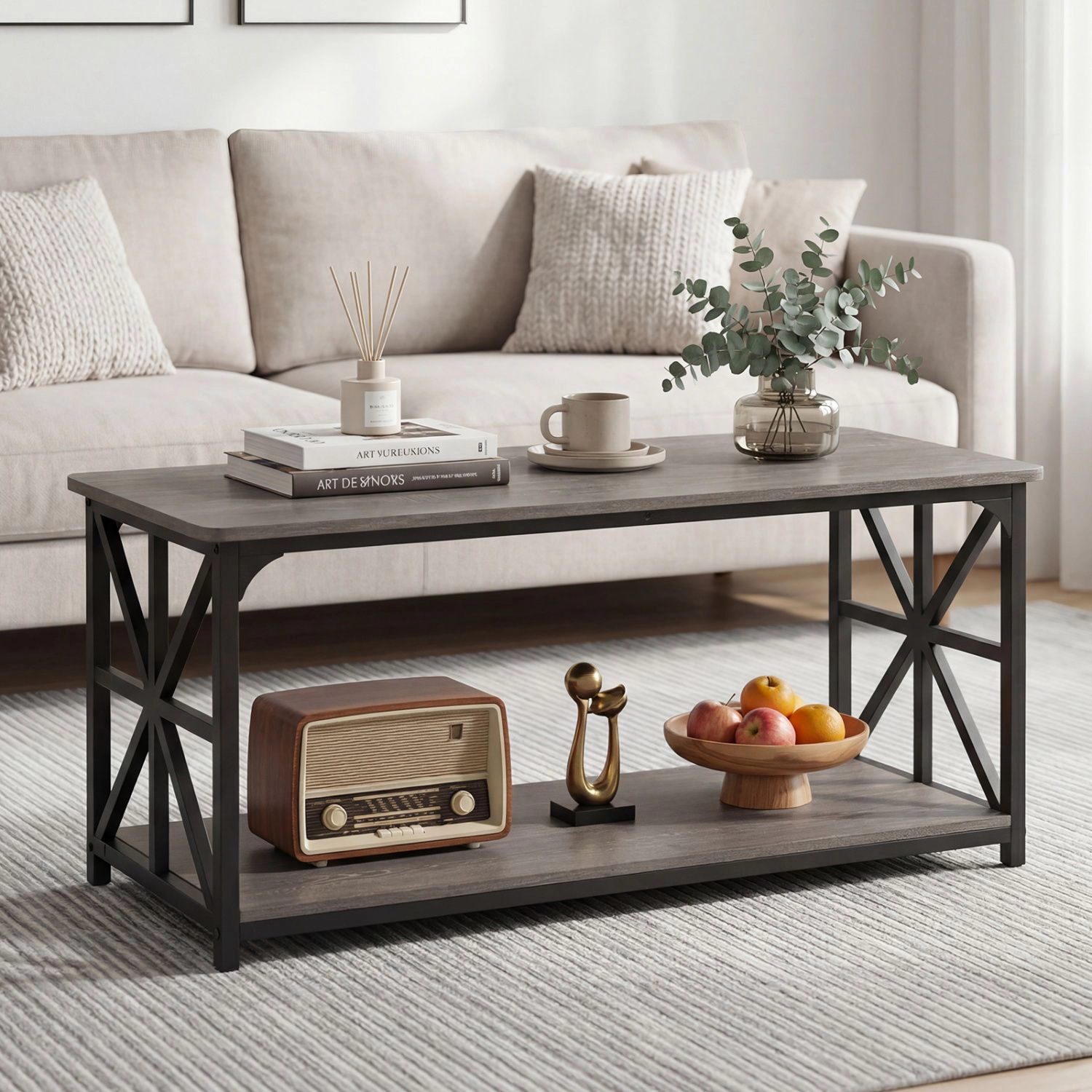 SlickBlue 2-Tier Coffee Table with X Frame Storage Shelf