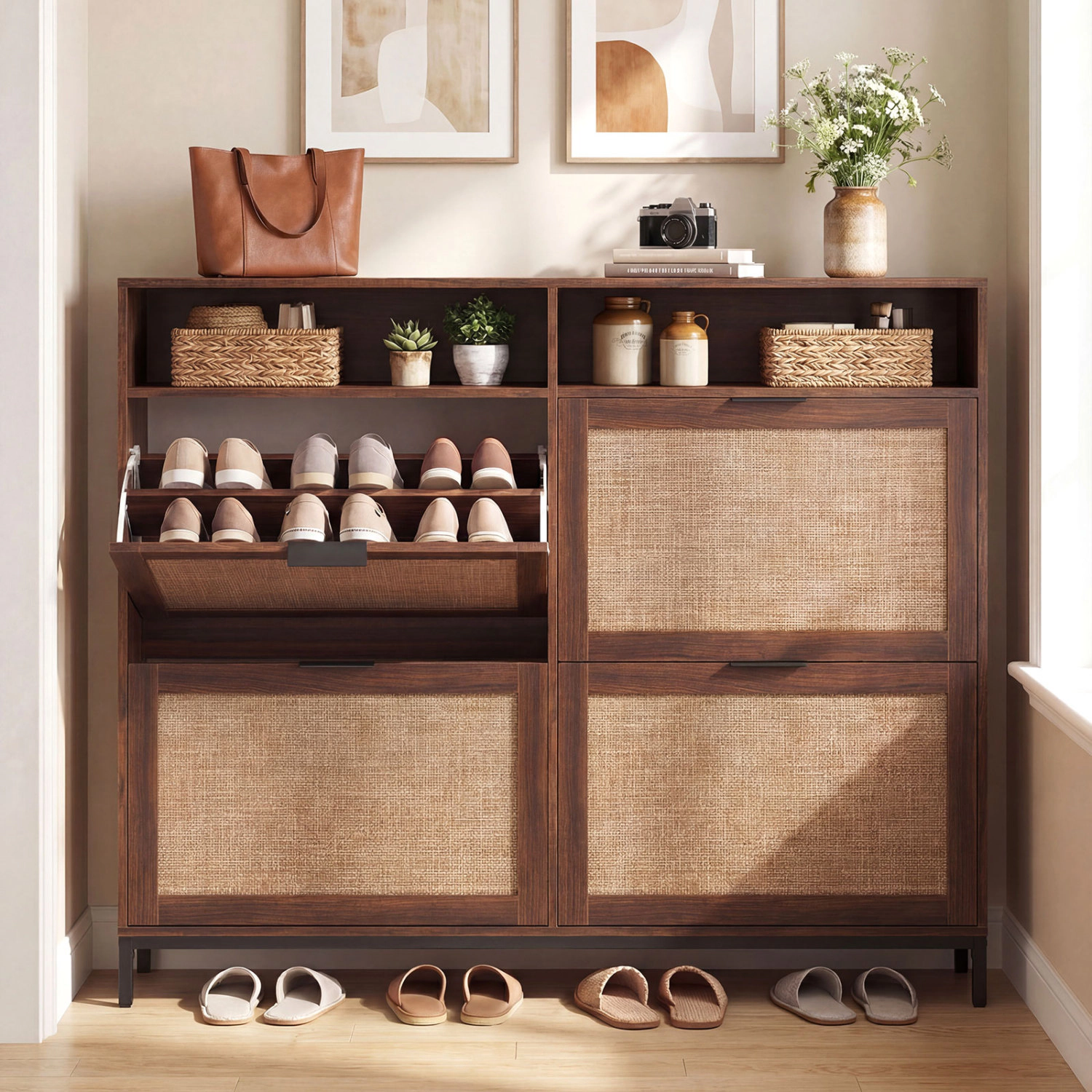 LJG Shoe Storage Cabinet with 4 Flip Drawers Narrow Freestanding Organizer Adjustable Shelves