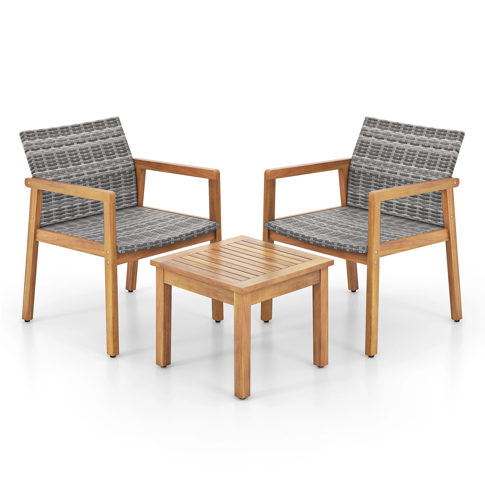 SUGIFT 3-Piece PE Rattan and Acacia Wood Patio Conversation Set with Coffee Table 400-lb Chair Capacity Mix Gray