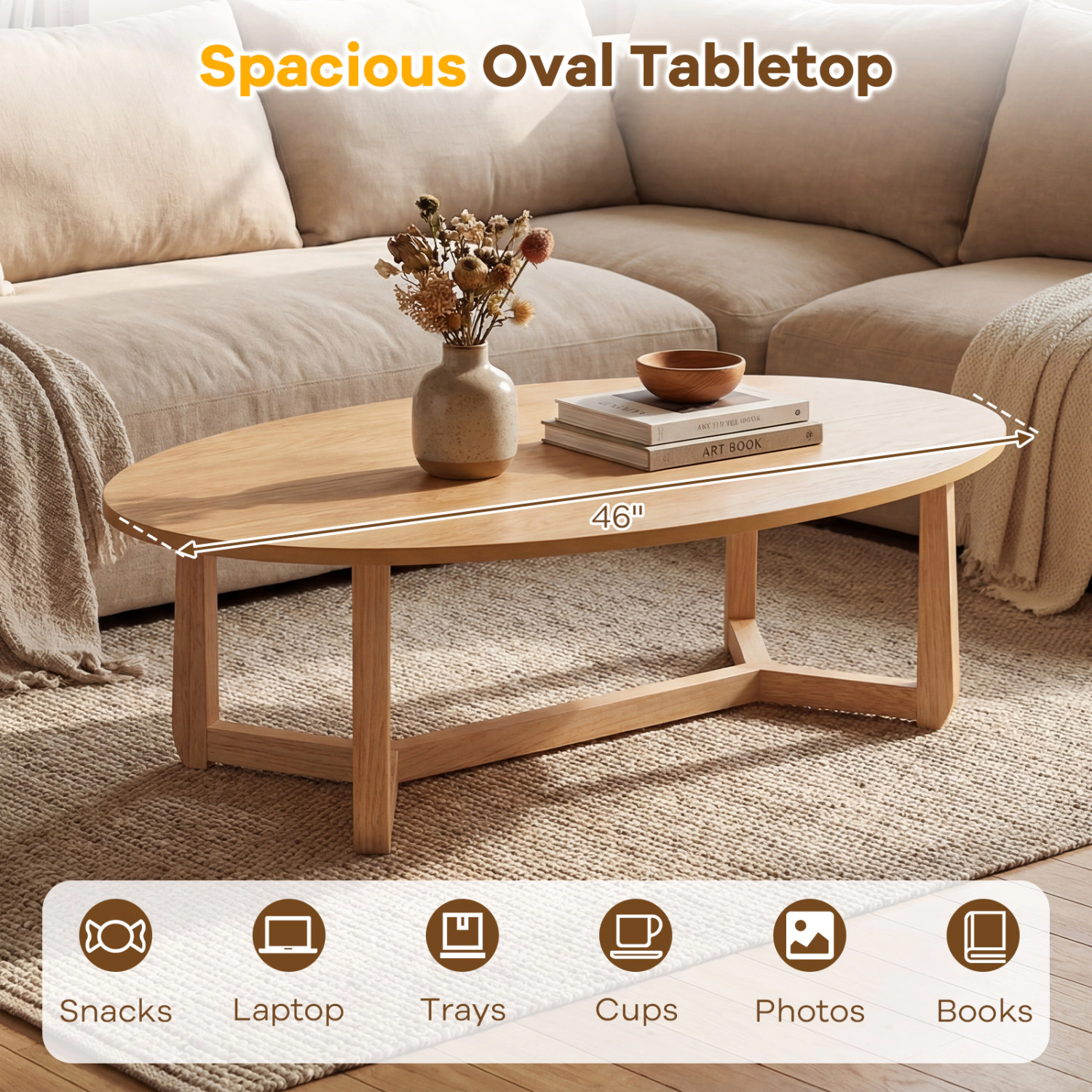 LJG Oval Coffee Table 46 Inches Wooden Accent Table with Thickened Top