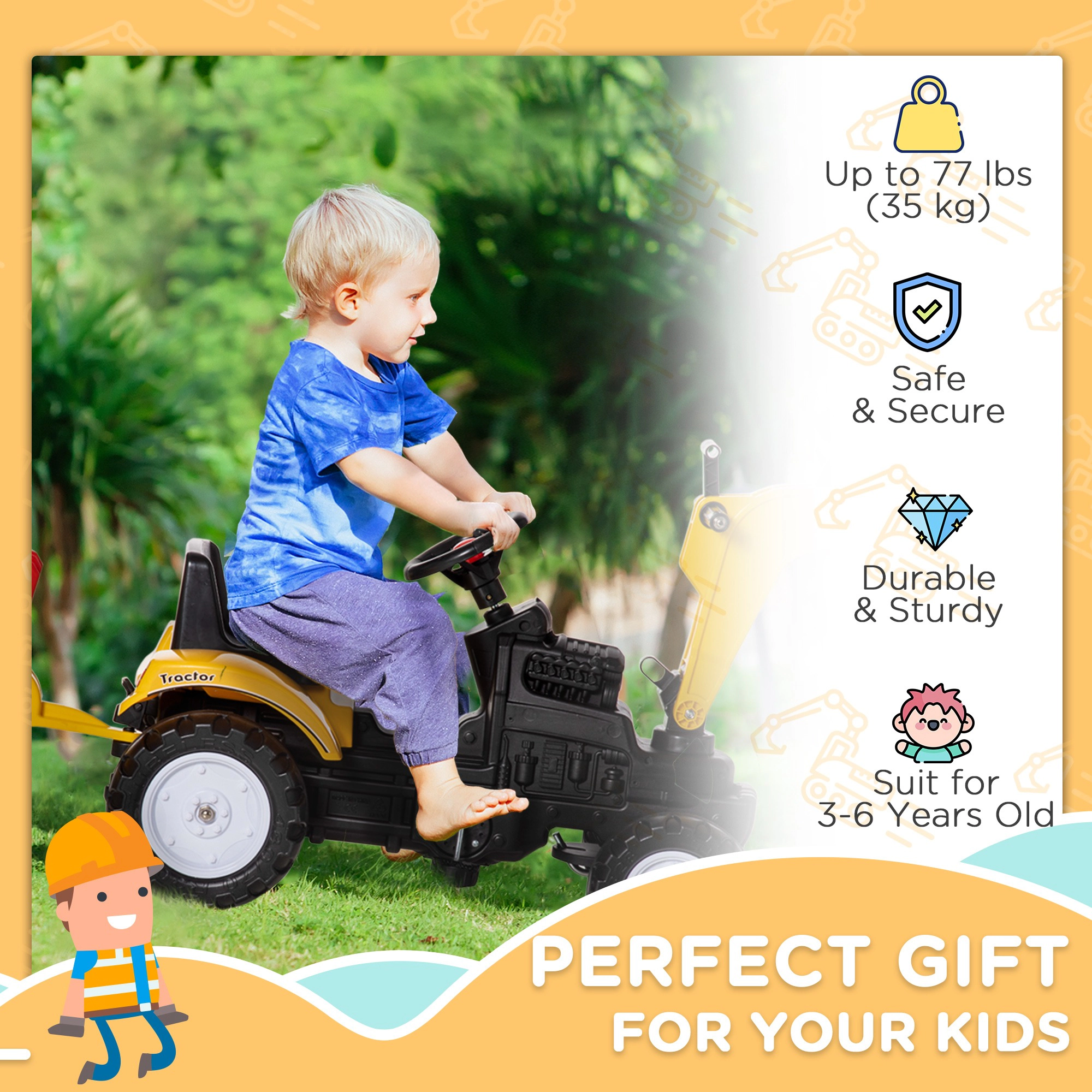 HONGGE Yellow Pedal Ride-On Excavator Digger Truck for Kids with Detachable Trailer, Ages 3-6, Holds up to 77 lbs