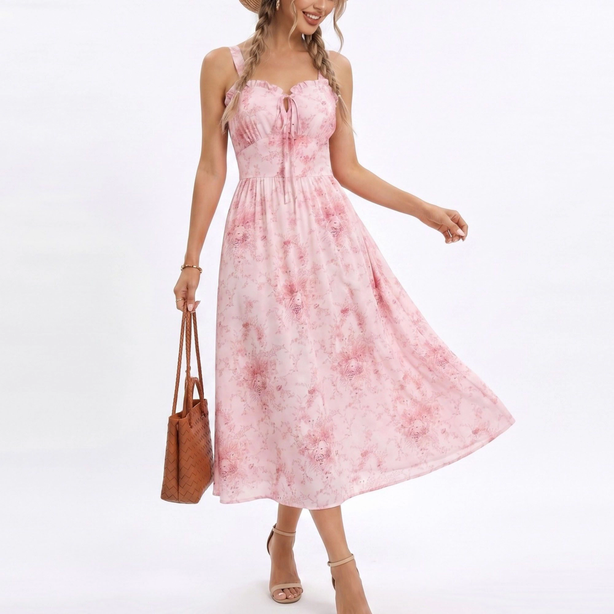 Anna-Kaci Women's Floral Print Tie Front Smocked Back Midi Dress