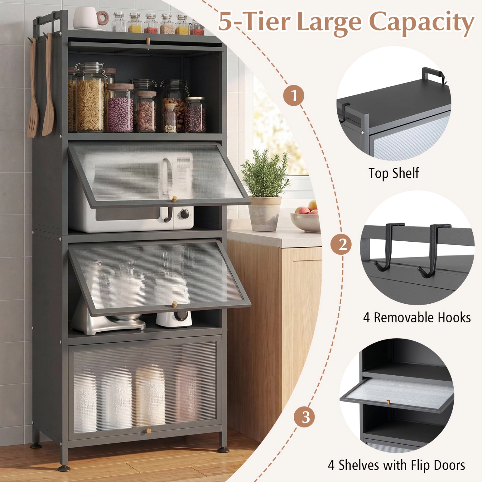 SUGIFT 5-Tier White Kitchen Bakers Rack Storage Shelf with Flip-Up PC Doors 23.5-in W 60.5-in H 44-lb Per Tier