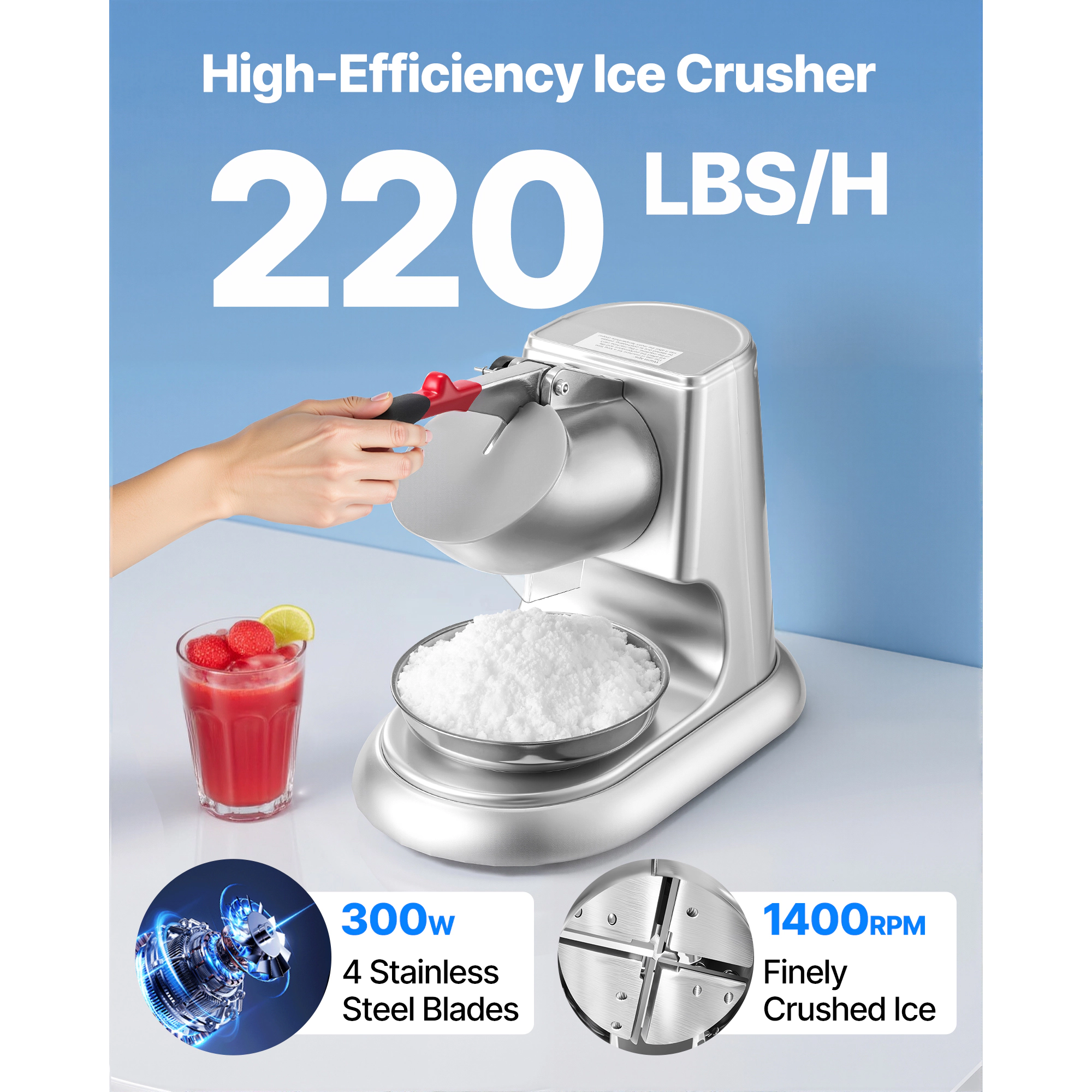 HONGGE Ice Crusher Machine Per Hour Electric 4 Blades Snow Cone Maker Stainless Steel Shaved Ice Machine with Bowl and