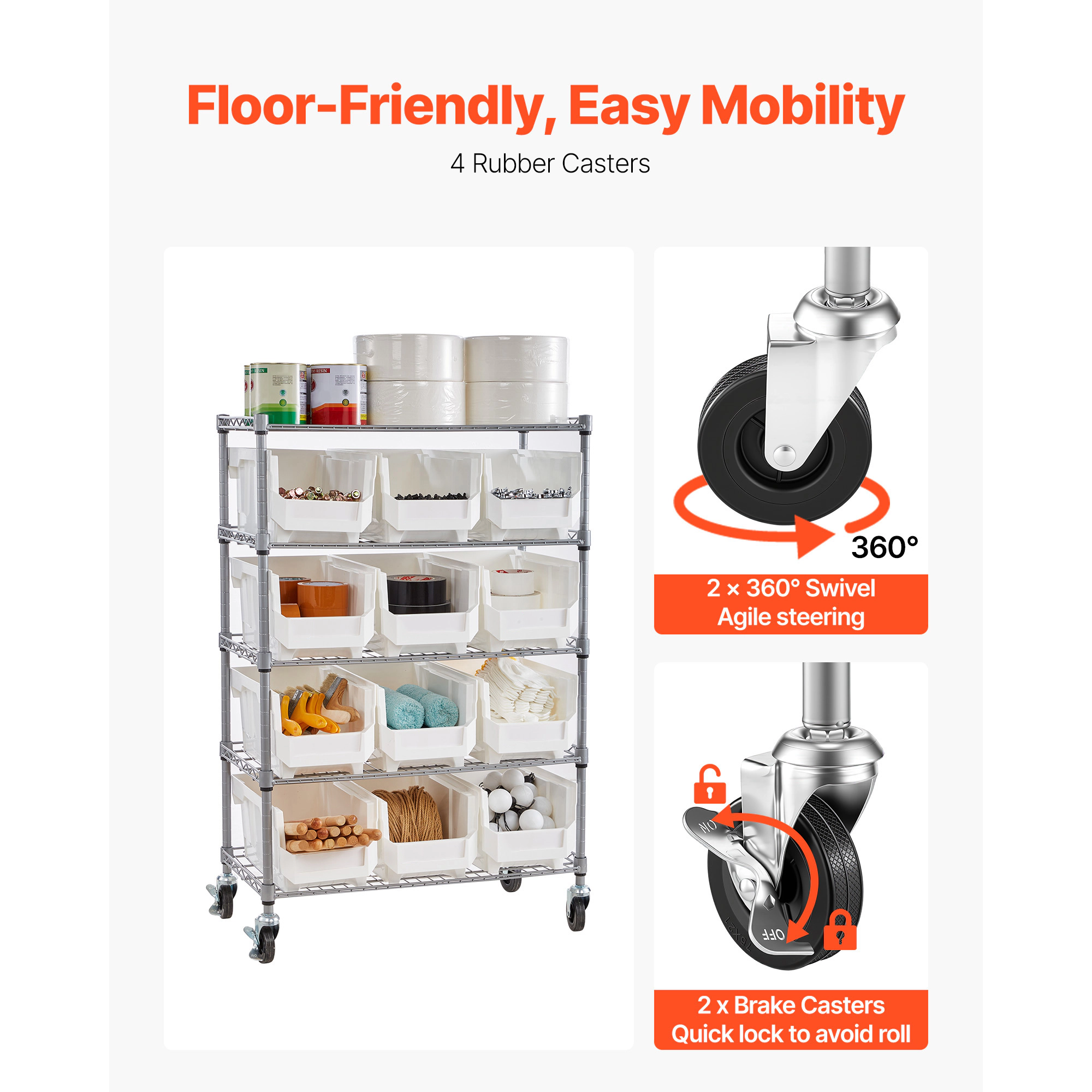 HONGGE Double-Sided Rolling Bin Storage Rack Plastic Bins Dual-Sided Parts Organizer with Wheels Mobile Tool Organizer