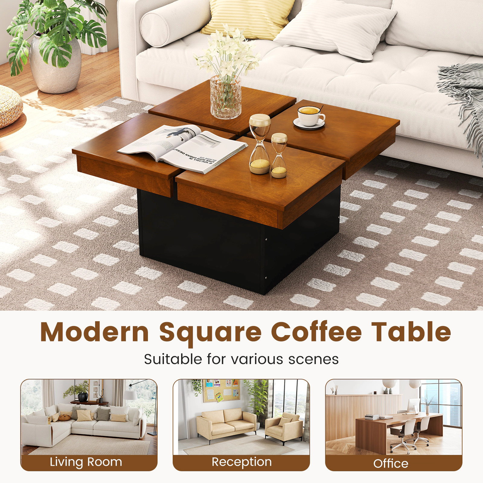 Glintex Mid-Century 31.5-Inch Square Coffee Table with Quad-Section Top, Walnut & Black