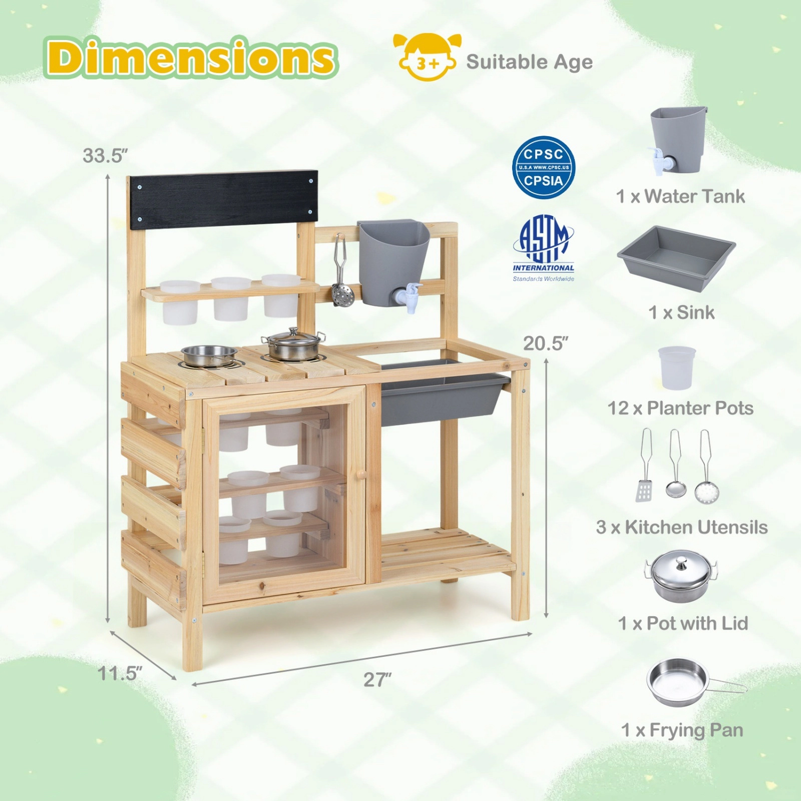 Mud Kitchen for Kids Plants Observation Room 12 Plant Cups Real Faucet 27-in Fir Wood Outdoor Play Sink Ages 3+ Natural