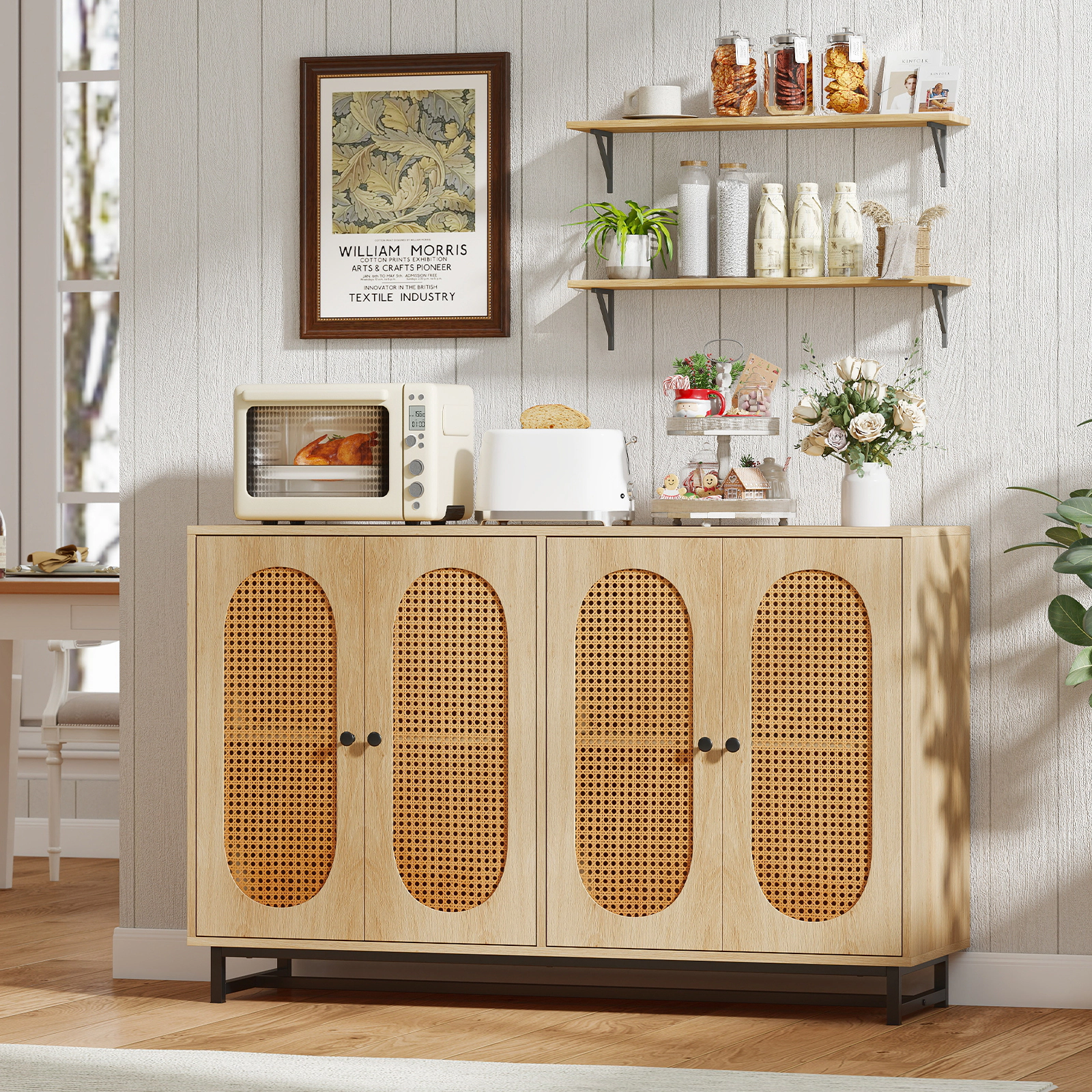 Glintex 50-Inch Buffet Sideboard with 4 Rattan Doors and 242-Lb Capacity, Natural
