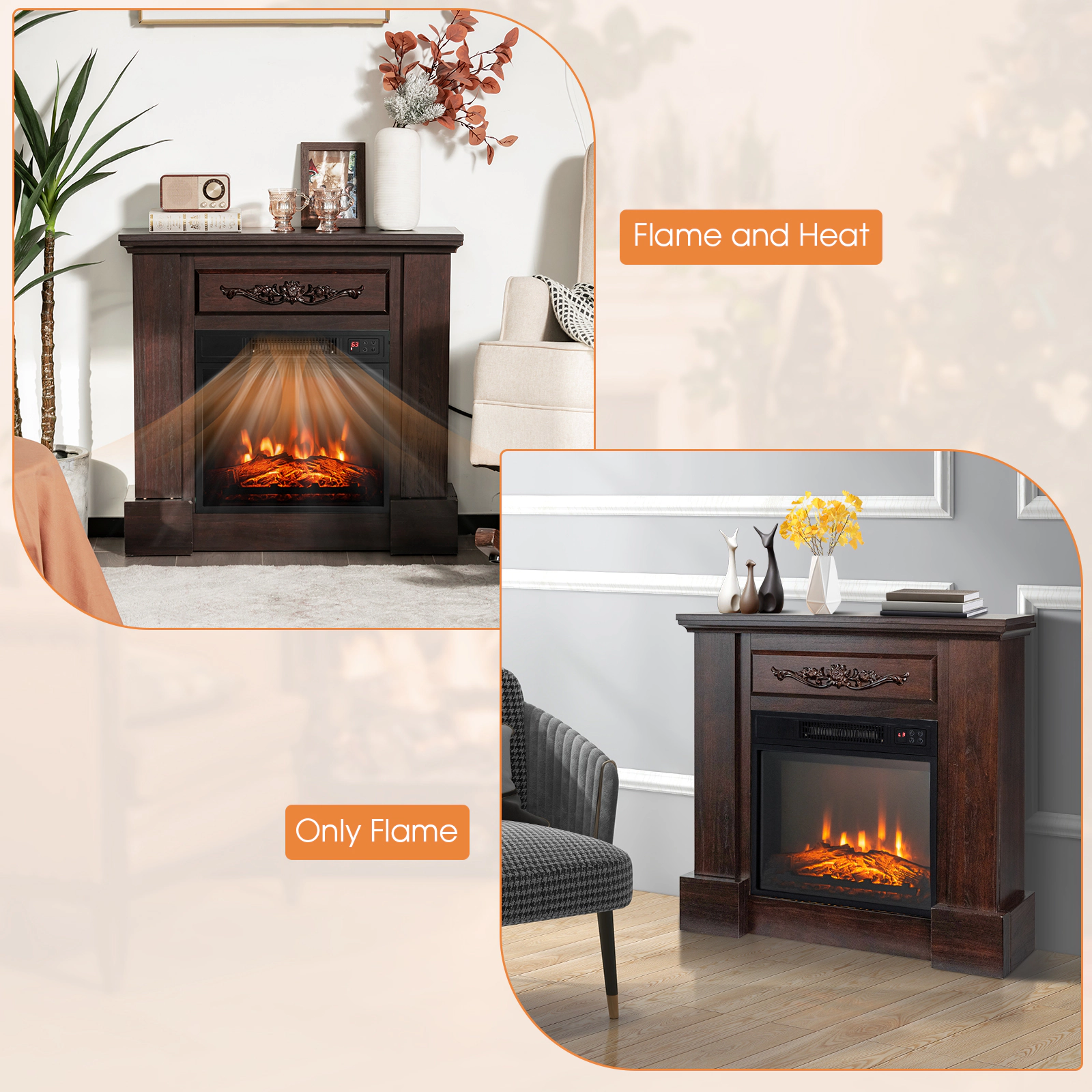 SUGIFT 1400W Electric Fireplace Mantel TV Stand 32-in Tall 22-lb Capacity with Remote Control Natural/White
