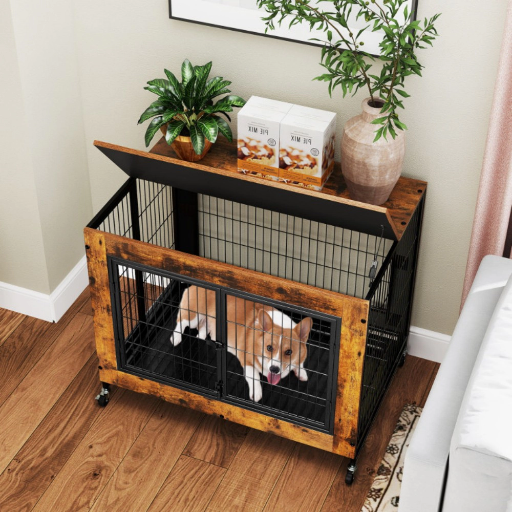 SUGIFT Industrial Dog Kennel Pet Crate Flip-Up Top 3 Lockable Doors Tray 132-lb Capacity 66-lb Top Rustic Brown