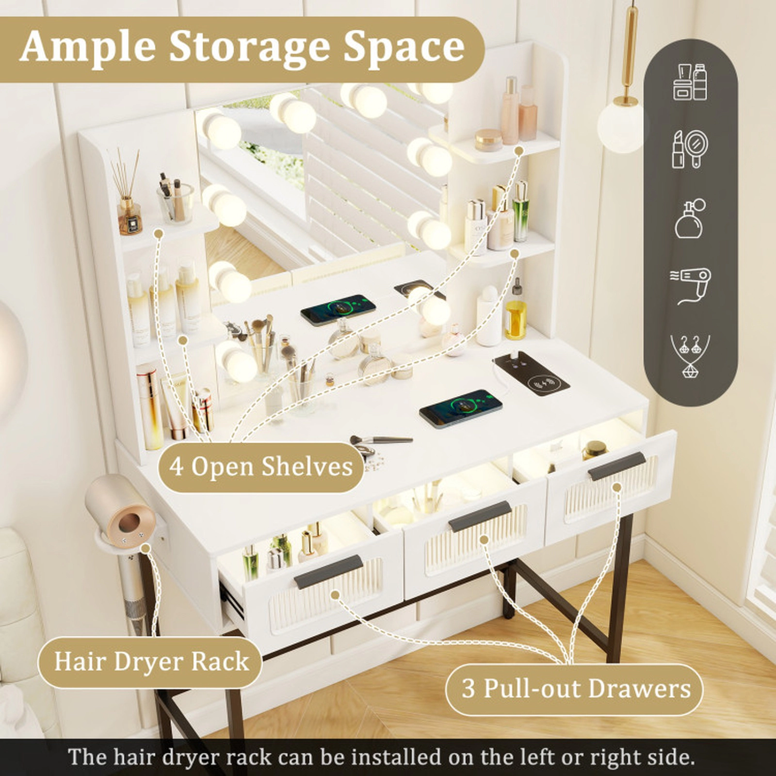 SUGIFT 35.5-in White Vanity Makeup Desk with 10-Bulb Hollywood Mirror Charging Station and Anti-Tip Kit
