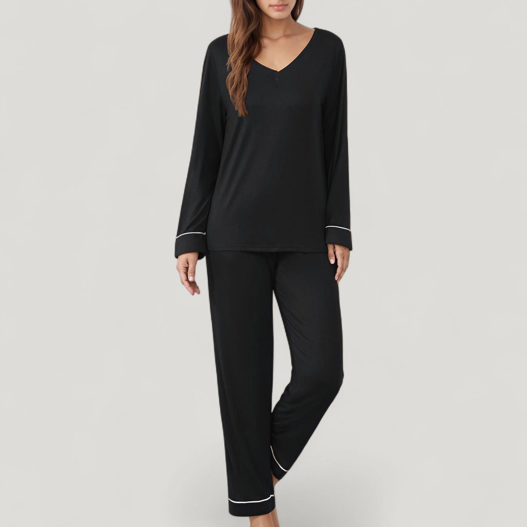 Anna-Kaci Women's Contrast Trim Long Sleeve V-Neck Pajama Top and Lounge Pants 2-Piece Sleepwear Set
