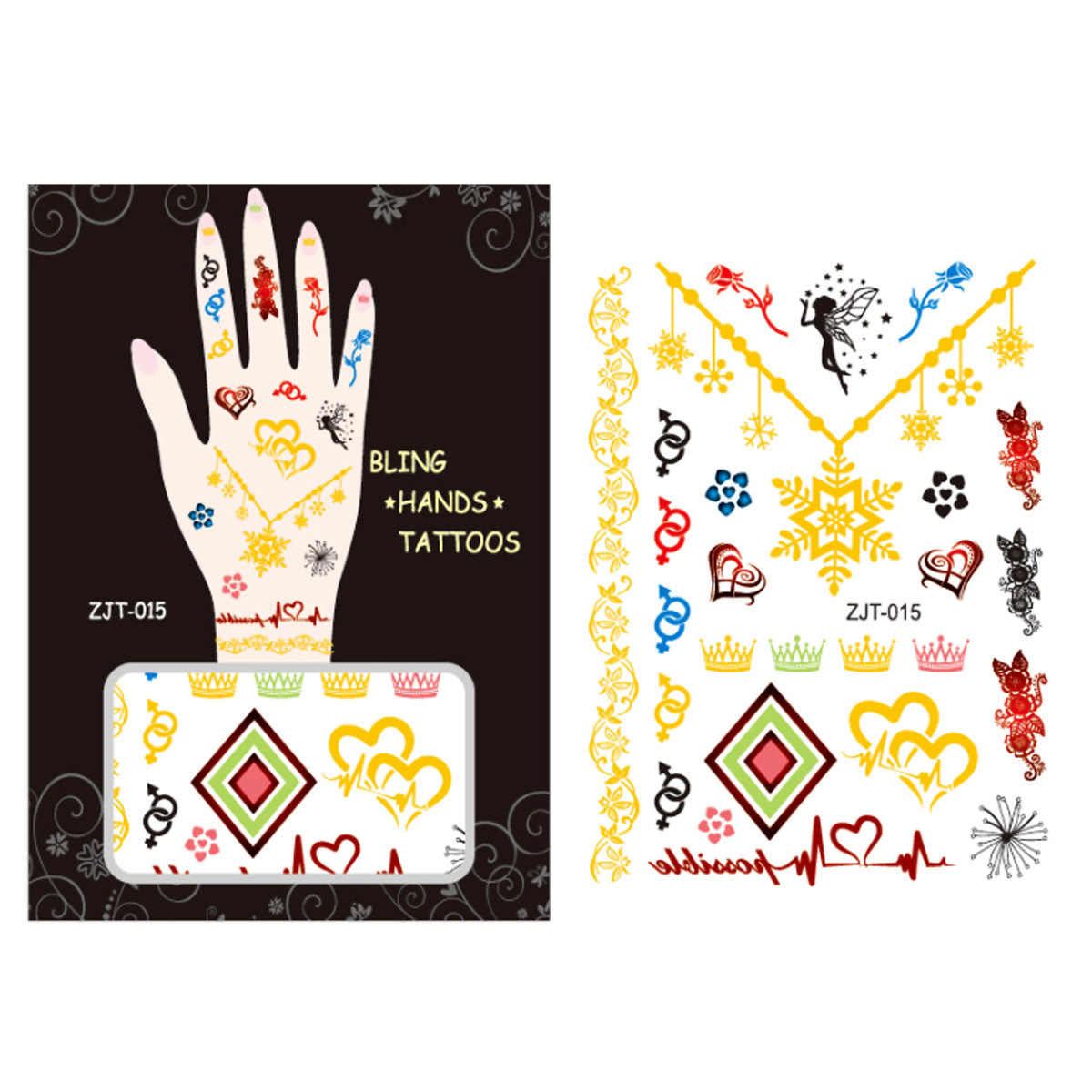 Wrapables Trendy Temporary Metallic Hand Tattoos, Skulls and Snowflake